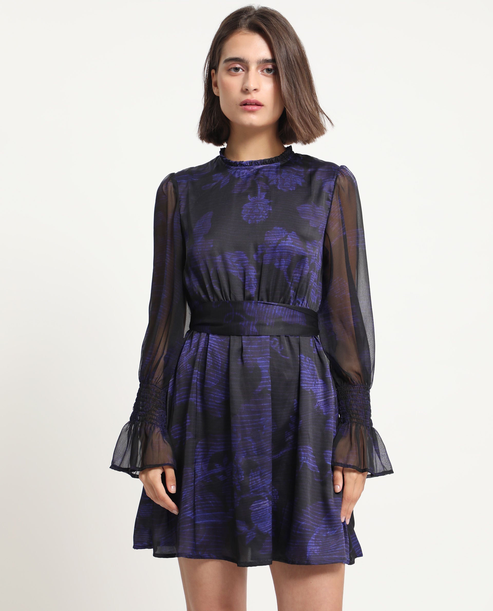 Rareism Women Rossel Dark Navy Polyester Fabric Full Sleeves High Neck Balloon Sleeve Regular Fit Abstract Print Short Empire Dress