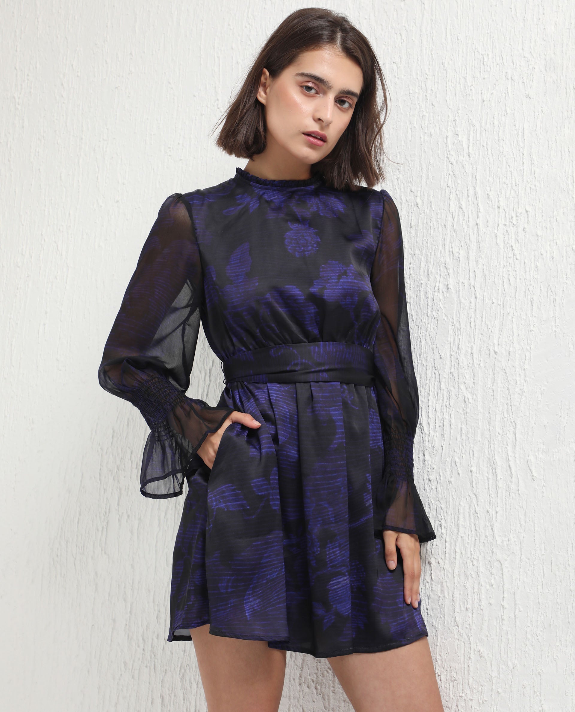 Rareism Women Rossel Dark Navy Polyester Fabric Full Sleeves High Neck Balloon Sleeve Regular Fit Abstract Print Short Empire Dress