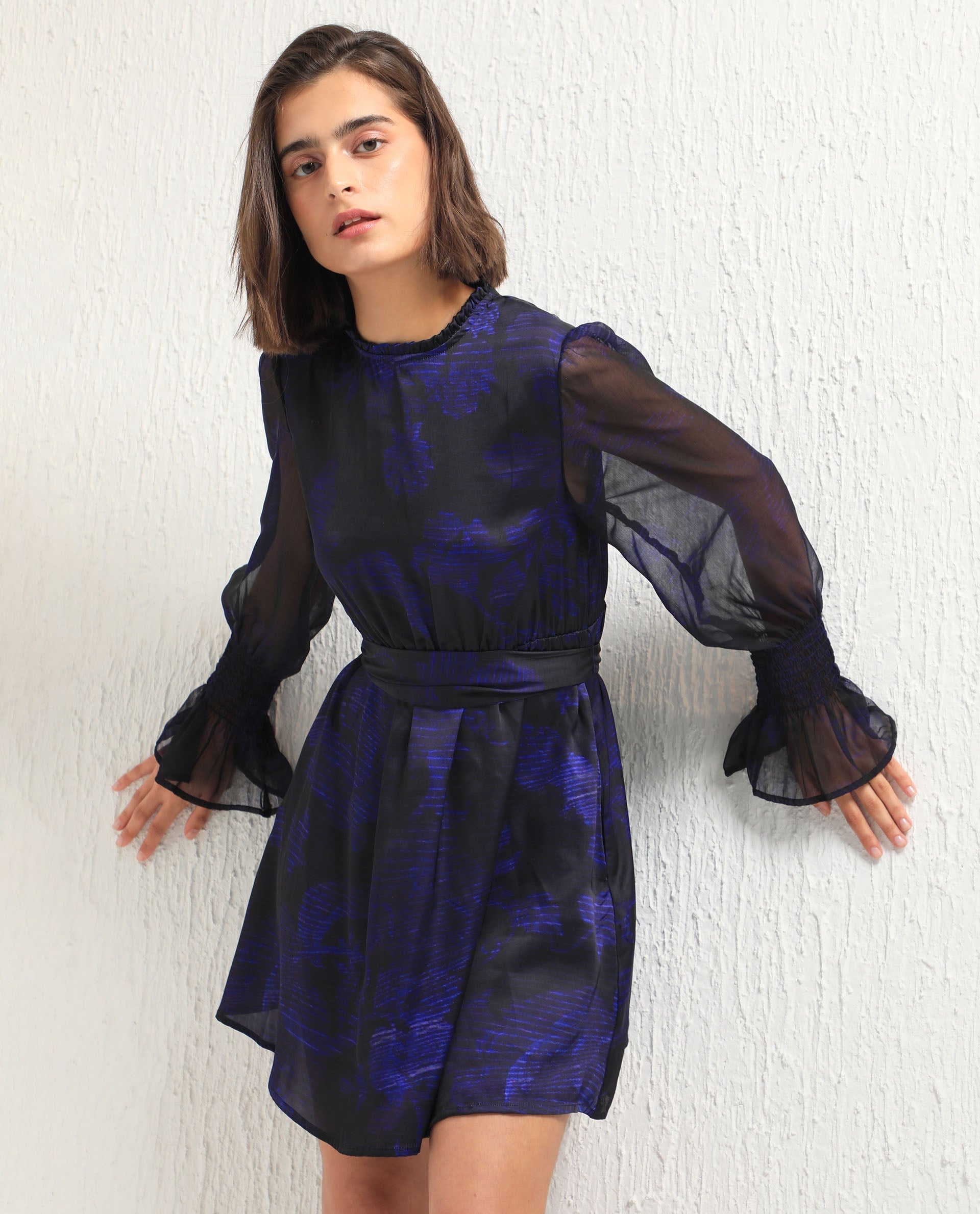 Rareism Women's Rossel Dark Navy Polyester High Neck Abstract Print Balloon Sleeve Mini Regular Fit Dress