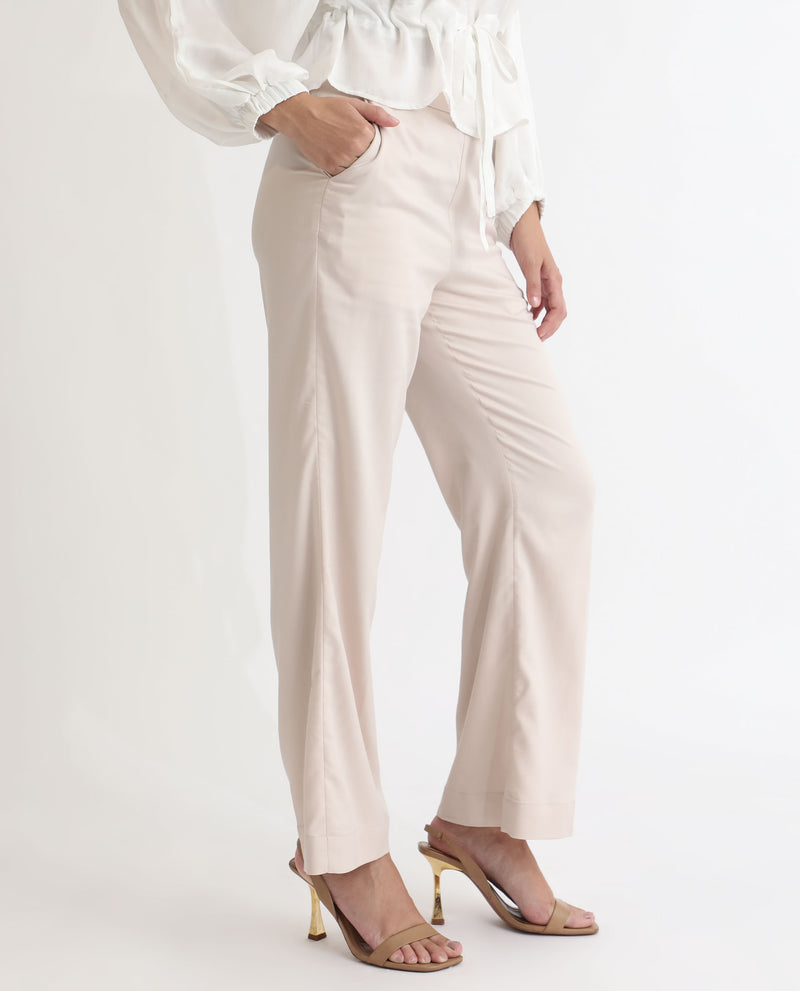 Rareism Women'S Rotel Light Beige Polyester Fabric Tailored Fit Mid Rise Solid Ankle Length Trousers