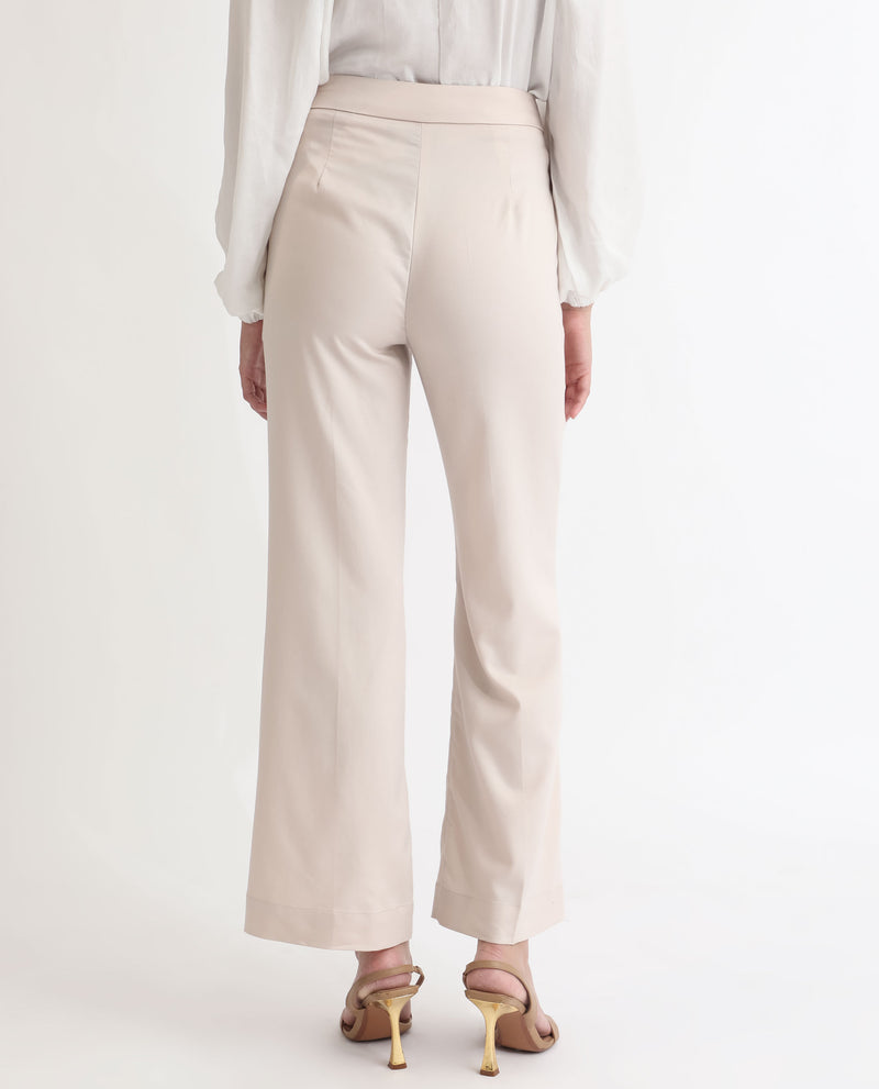 Rareism Women'S Rotel Light Beige Polyester Fabric Tailored Fit Mid Rise Solid Ankle Length Trousers