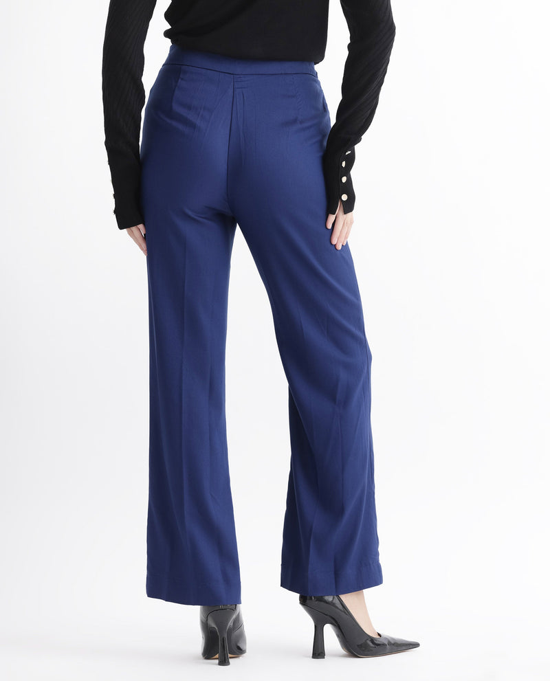 Rareism Women Rotel Navy Polyester Fabric Relaxed Fit Plain Ankle Length Trousers