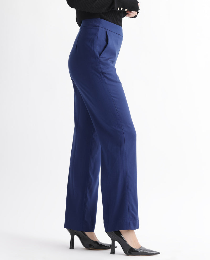 Rareism Women Rotel Navy Polyester Fabric Relaxed Fit Plain Ankle Length Trousers