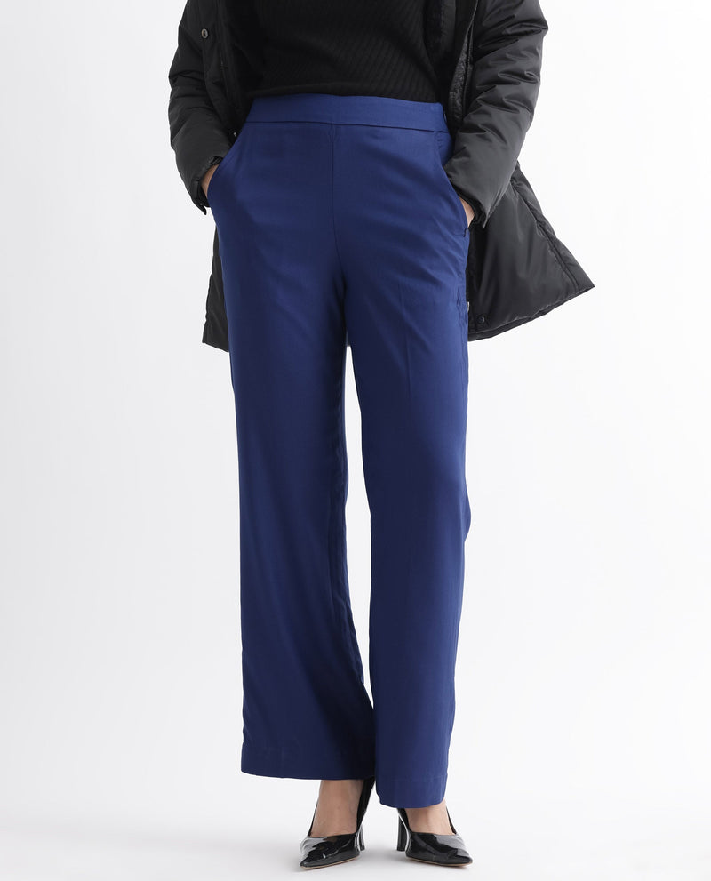 Rareism Women Rotel Navy Polyester Fabric Relaxed Fit Plain Ankle Length Trousers