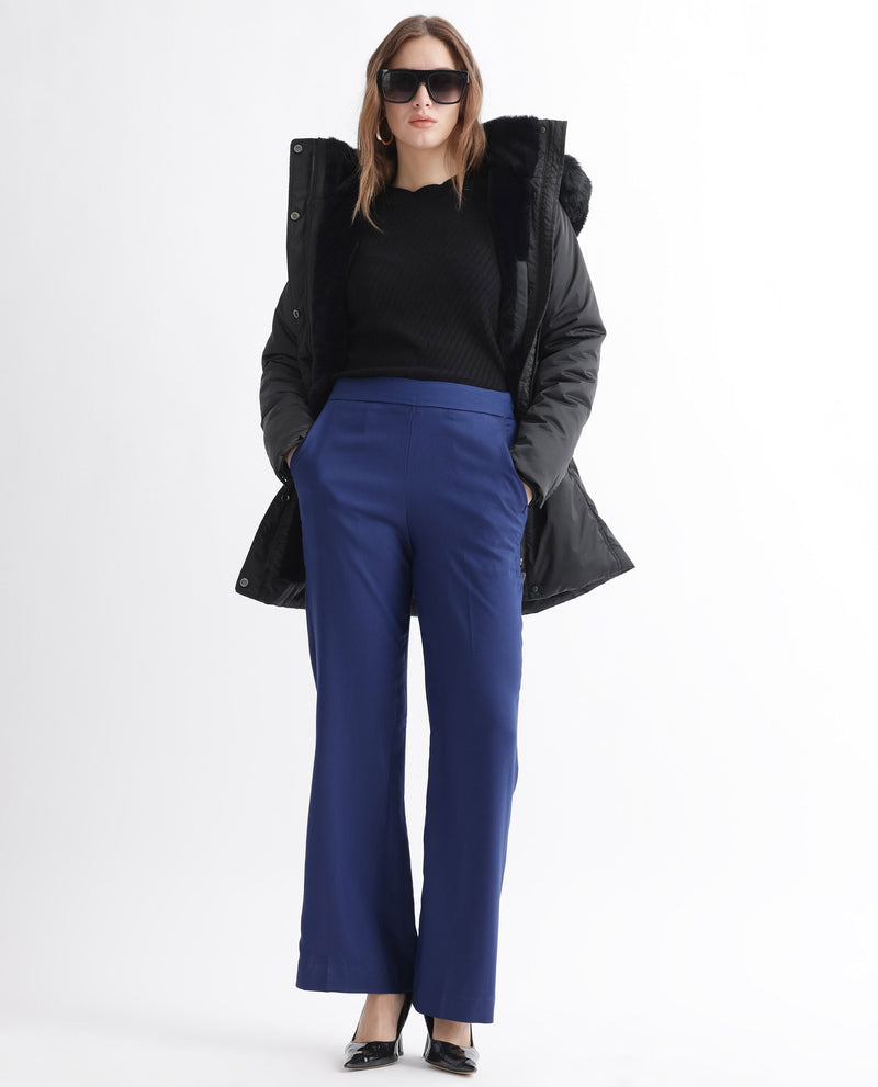 Rareism Women Rotel Navy Polyester Fabric Relaxed Fit Plain Ankle Length Trousers