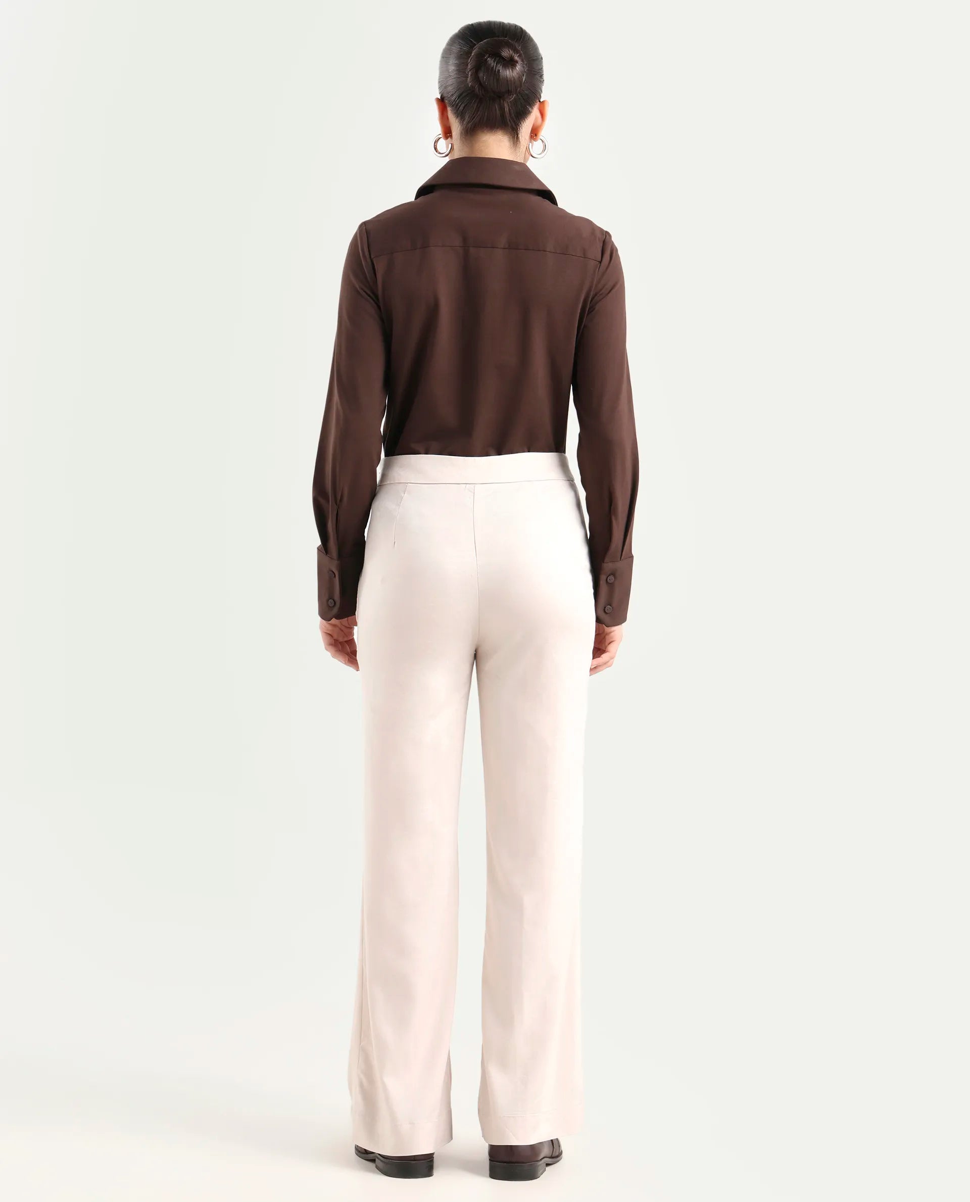 Rareism Women's Rotel Light Beige Polyester Plain Ankle Length Relaxed Fit Trouser