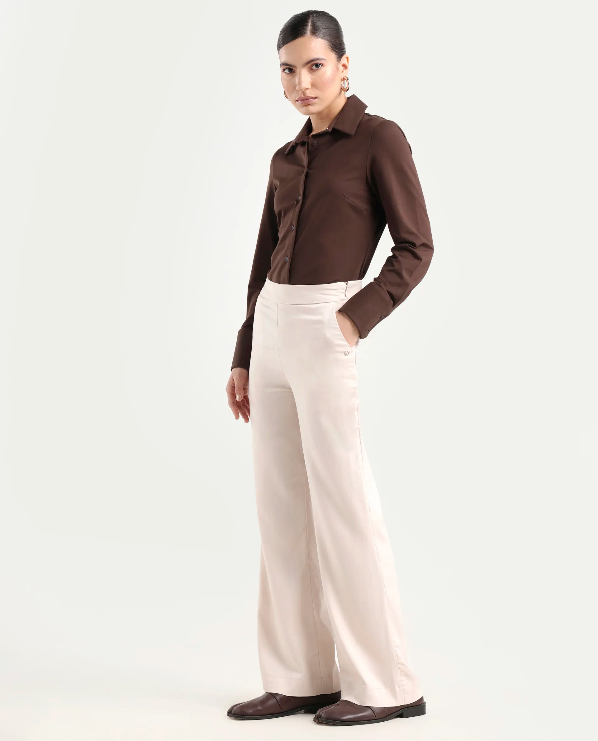 Rareism Women's Rotel Light Beige Polyester Plain Ankle Length Relaxed Fit Trouser