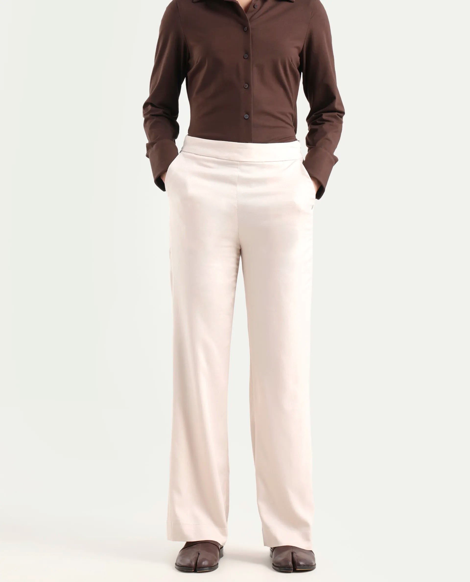 Rareism Women's Rotel Light Beige Polyester Plain Ankle Length Relaxed Fit Trouser