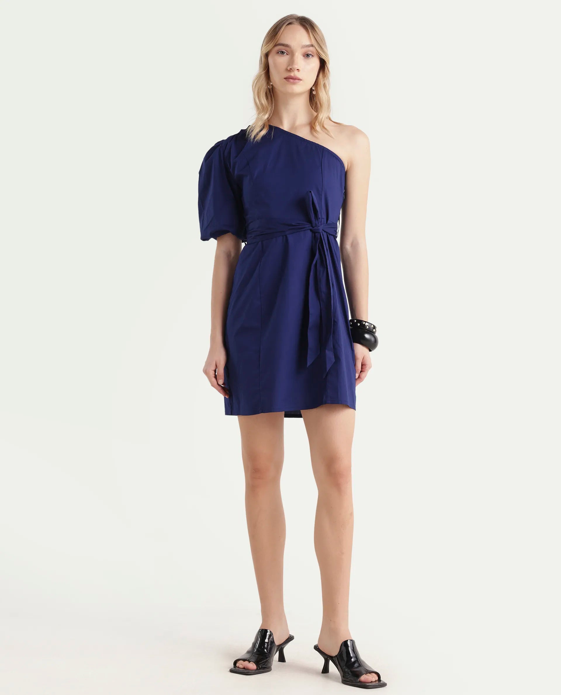 Rareism Women's Rotler Navy Cotton Blend One Shoulder Plain Puff Sleeves Mini Regular Fit Dress