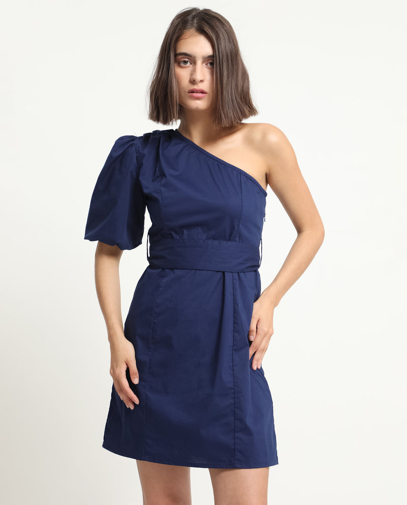 Rareism Women Rotler Navy Cotton Lycra Fabric Off Shoulder Zip Closure One Shoulder Puff Sleeve Regular Fit Plain Short Boxy Dress