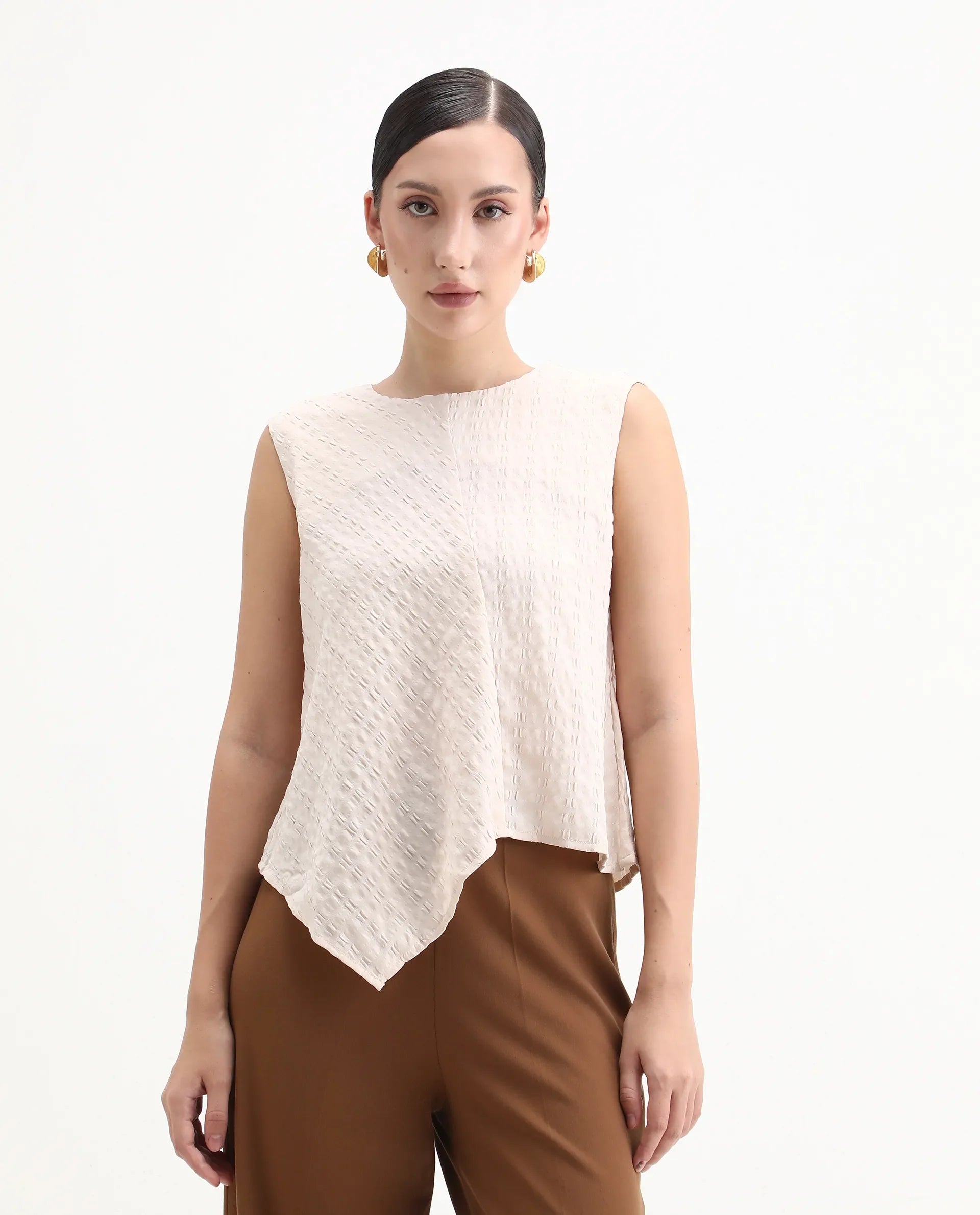 Rareism Women's Roulo Beige Polyester Blend Crew Neck Plain Sleeveless Regular Fit Top