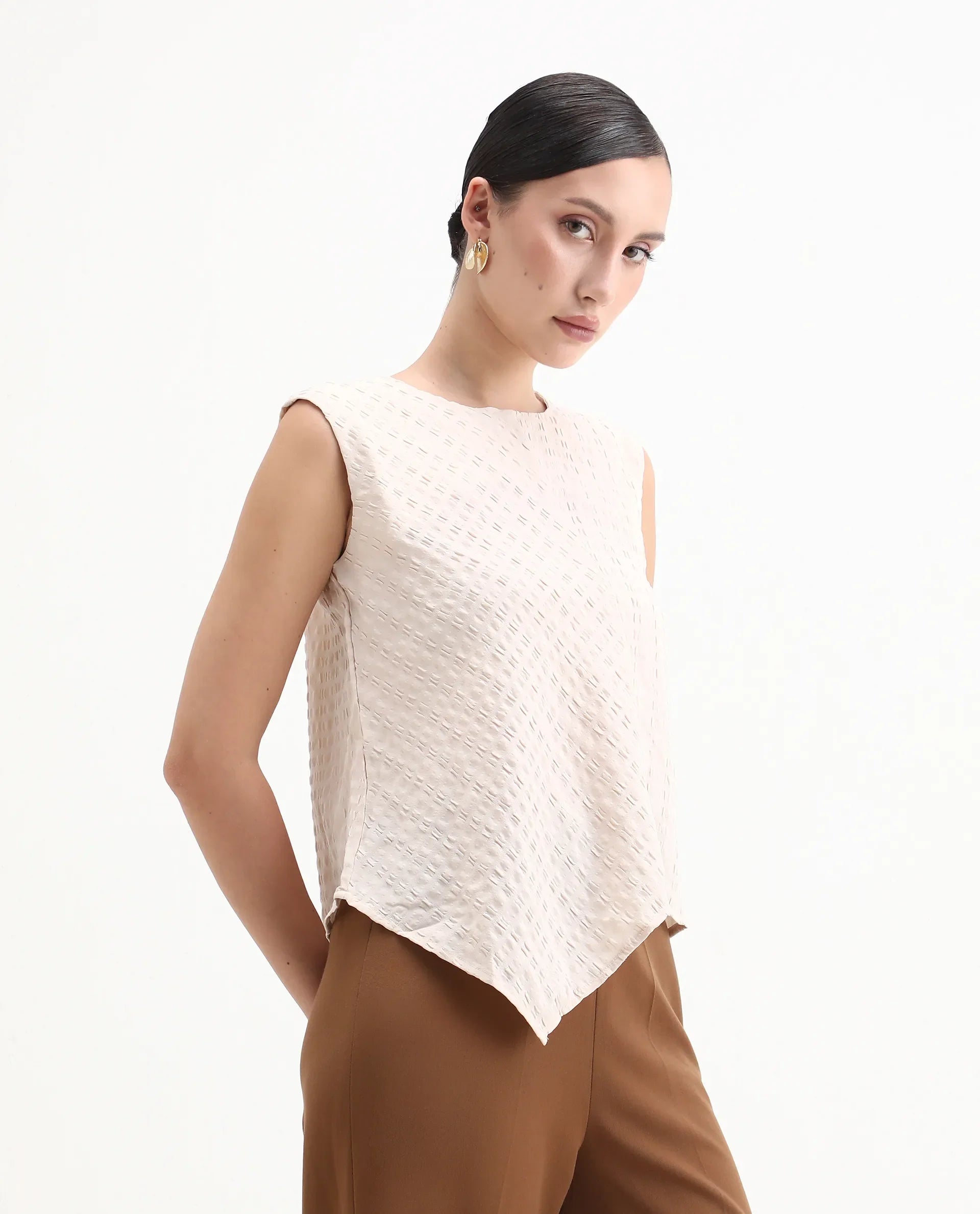 Rareism Women's Roulo Beige Polyester Blend Crew Neck Plain Sleeveless Regular Fit Top