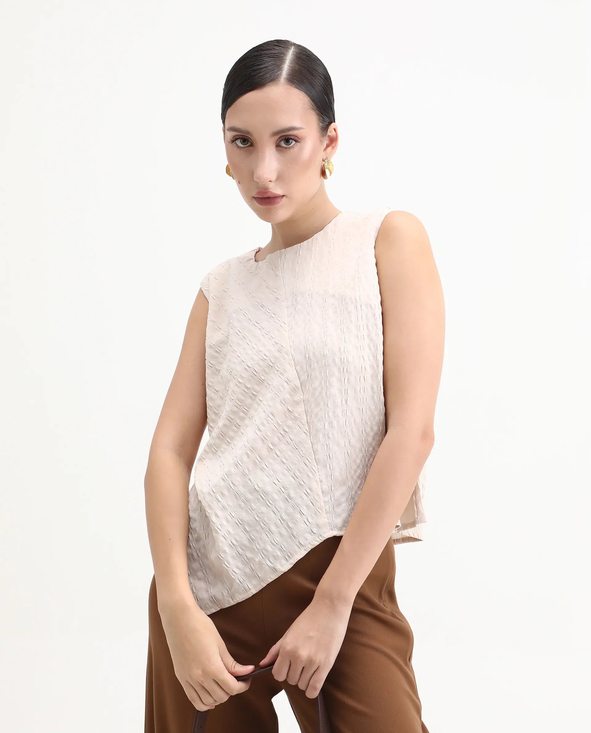 Rareism Women's Roulo Beige Polyester Blend Crew Neck Plain Sleeveless Regular Fit Top