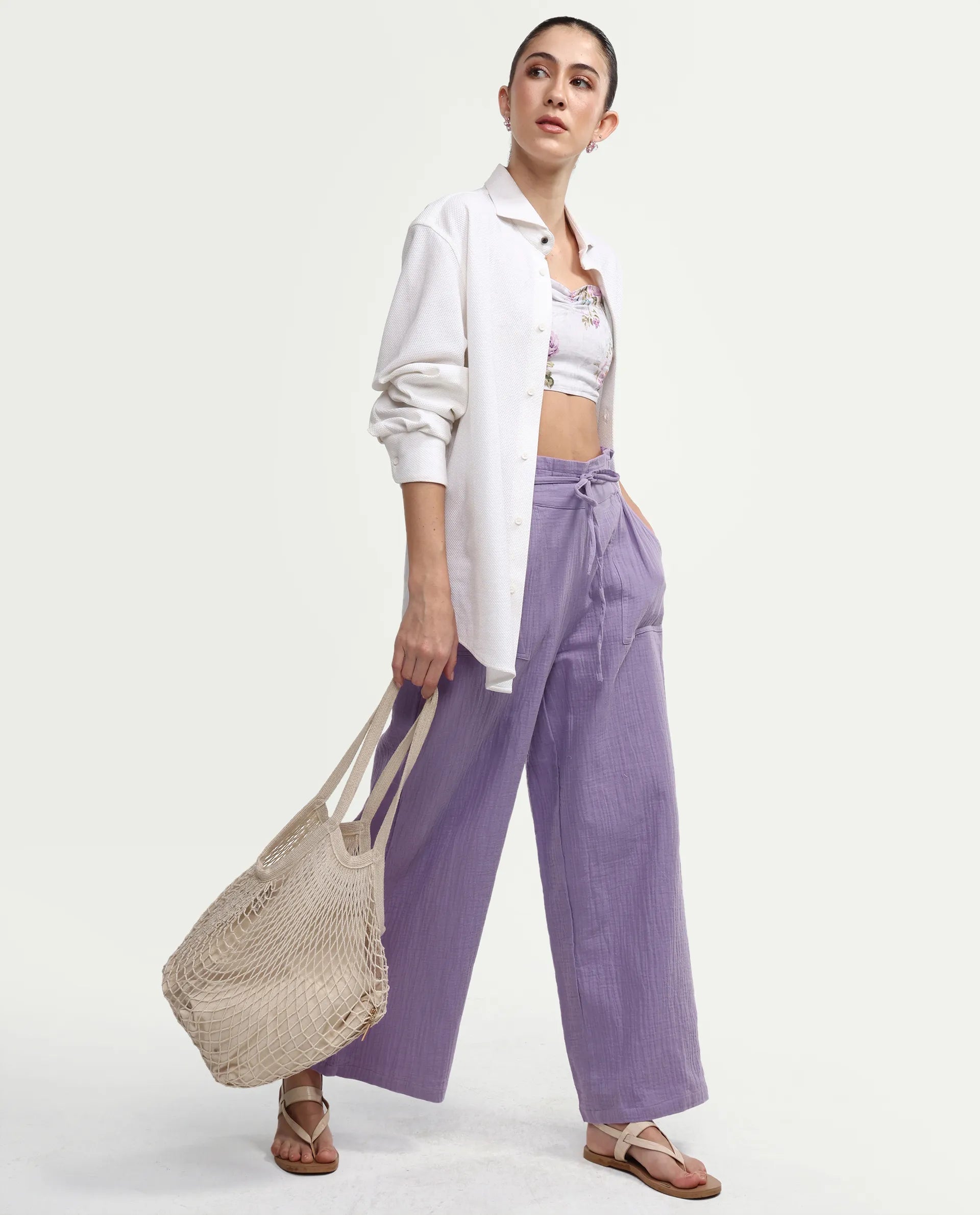 Rareism Women's Jorden B Pastel Cotton Blend Plain Ankle Length Wide Leg Trouser
