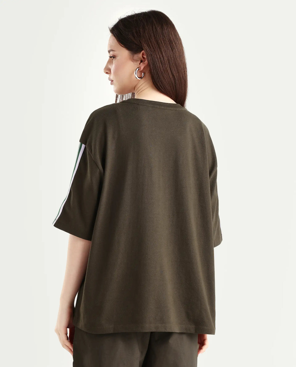 Rareism Women's Nonwen T Brown Cotton Blend Crew Neck Striped Oversized T-Shirt