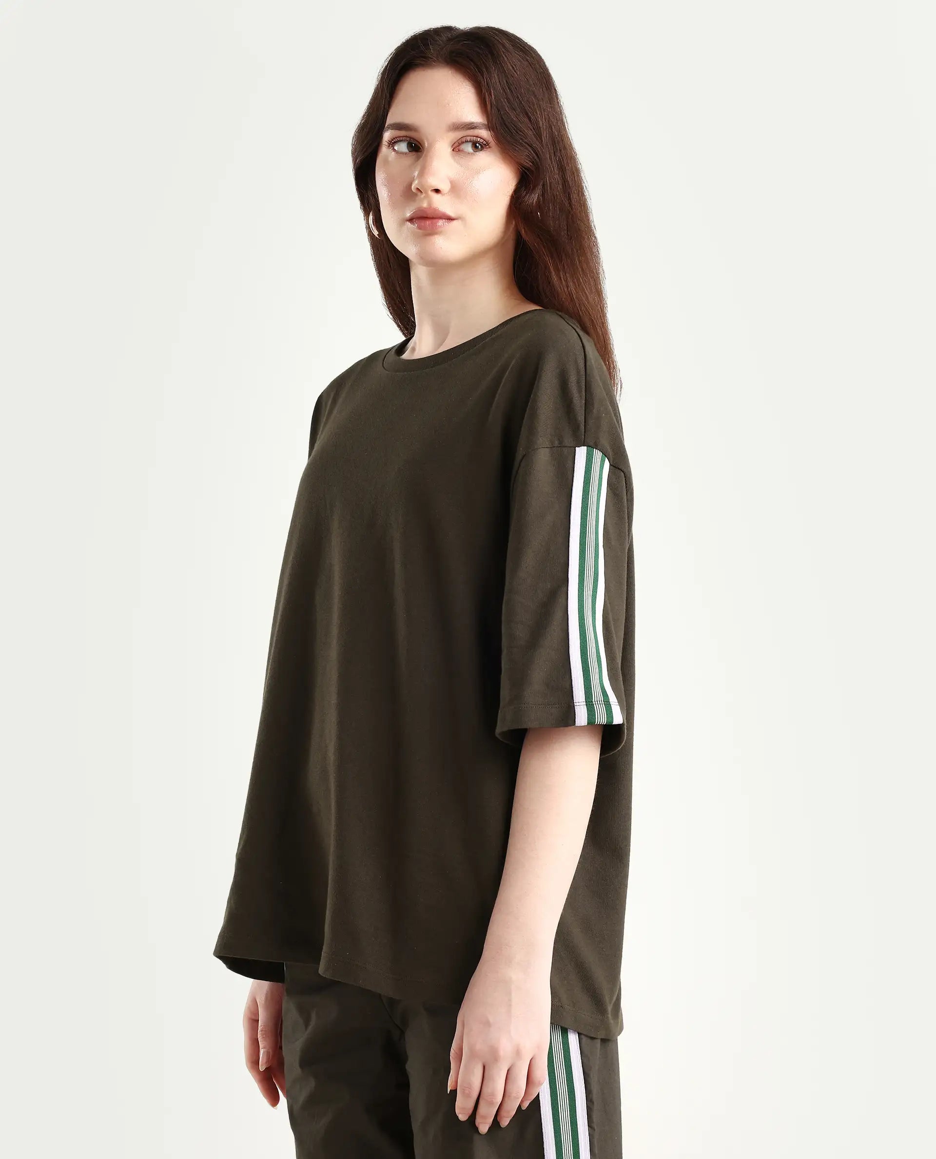 Rareism Women's Nonwen T Brown Polyester Blend Crew Neck Striped Oversized T-Shirt