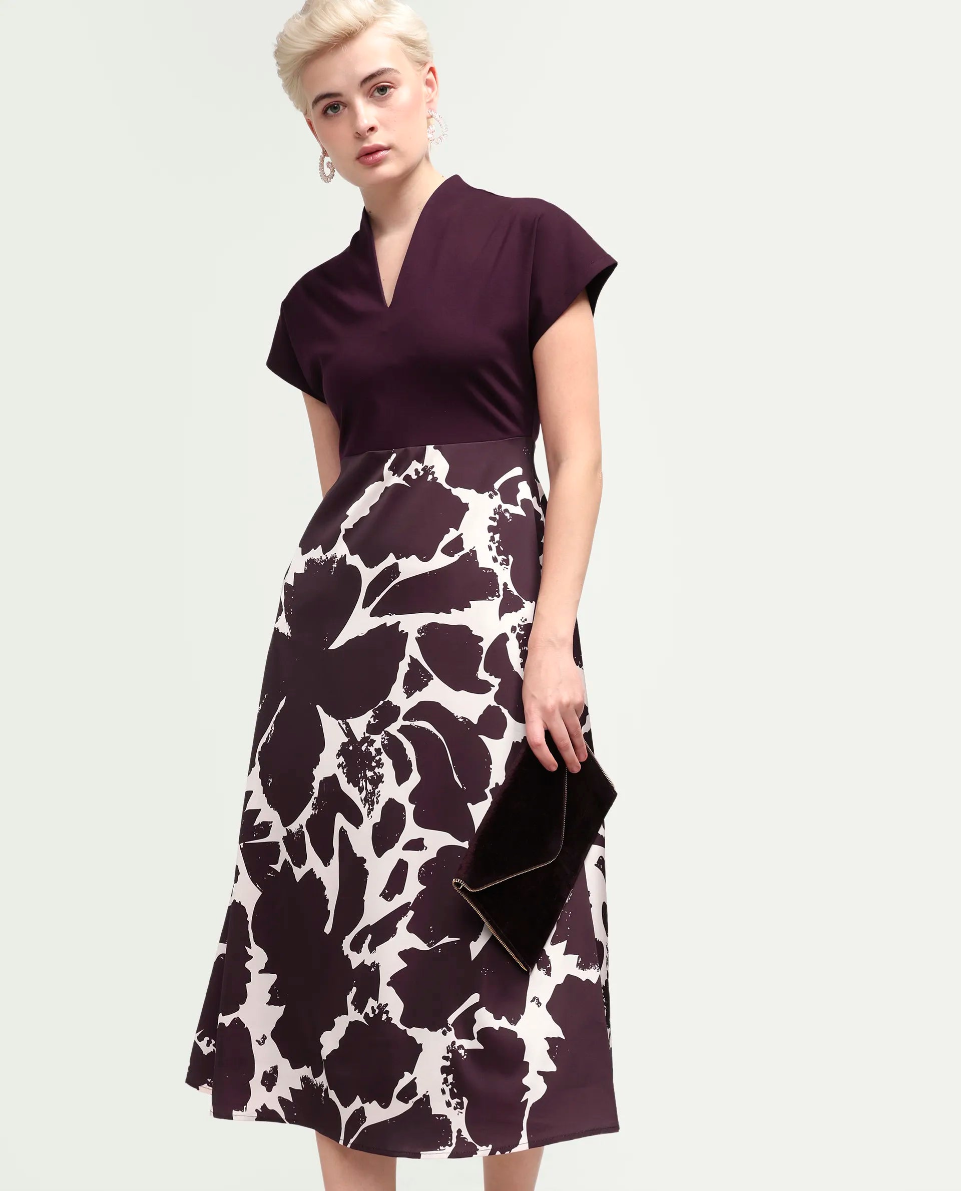 Rareism Women's Sopply Maroon Cotton V-Neck A-Line Abstract Print Dress