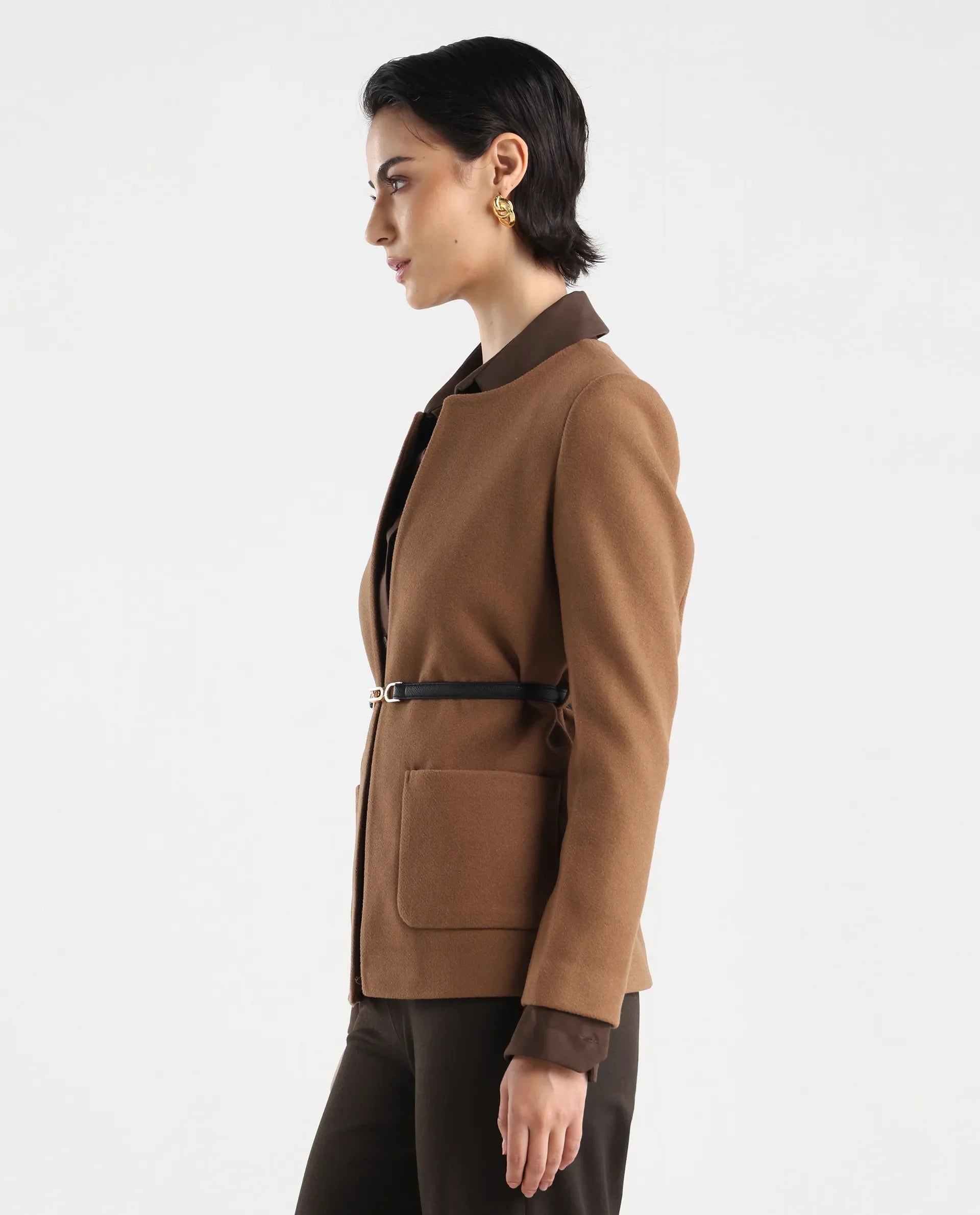 Rareism Women's Nexmar Tan Polyester Blend Jacket Plain Jacket