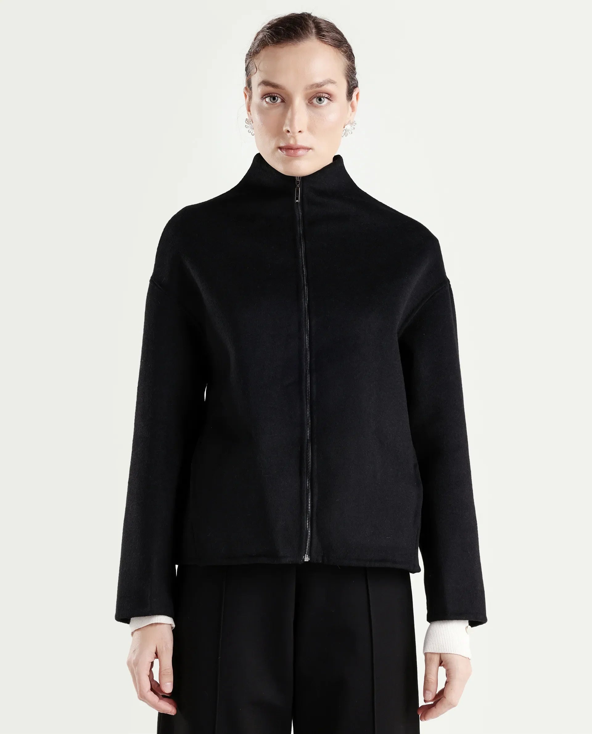 Rareism Women's Newool Black Polyester Blend High Neck Regular Fit Jacket