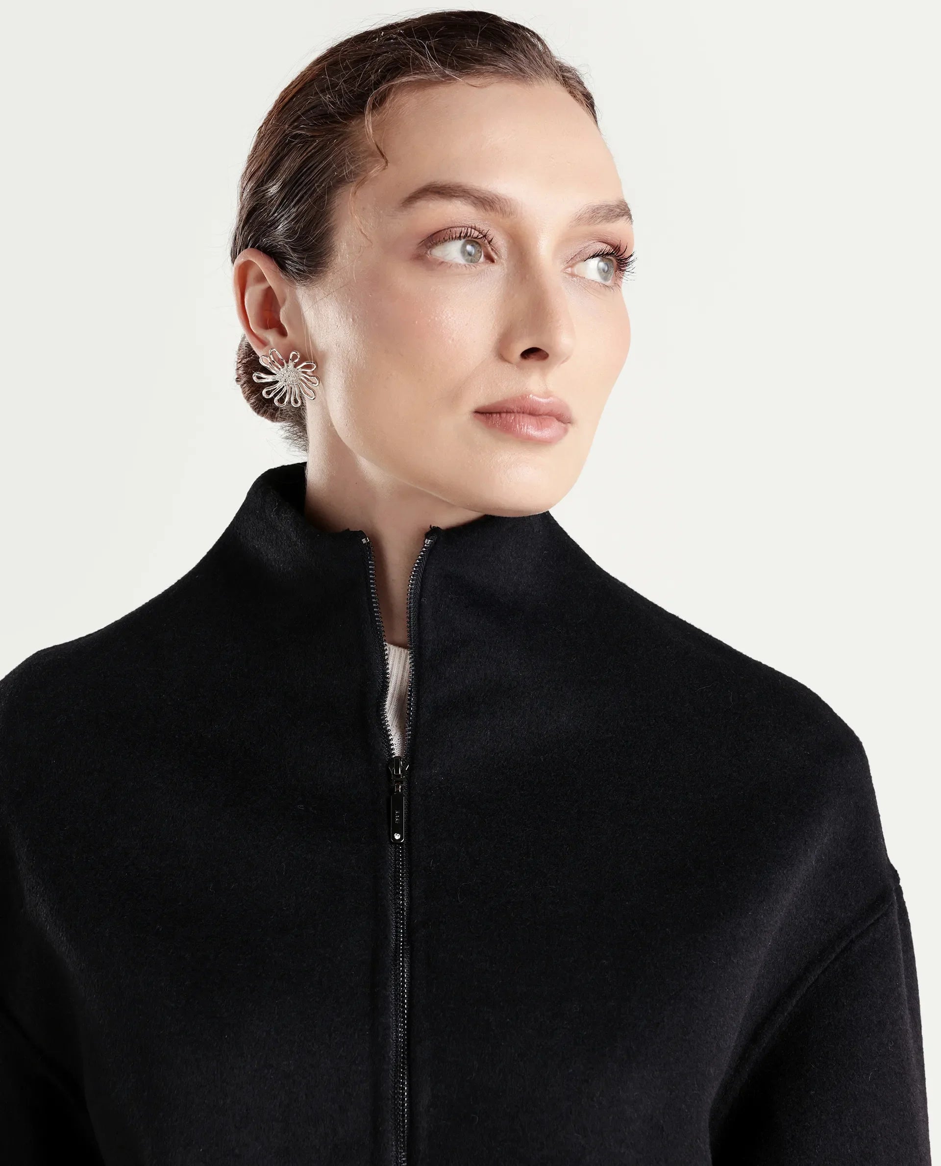 Rareism Women's Newool Black Polyester Blend High Neck Regular Fit Jacket