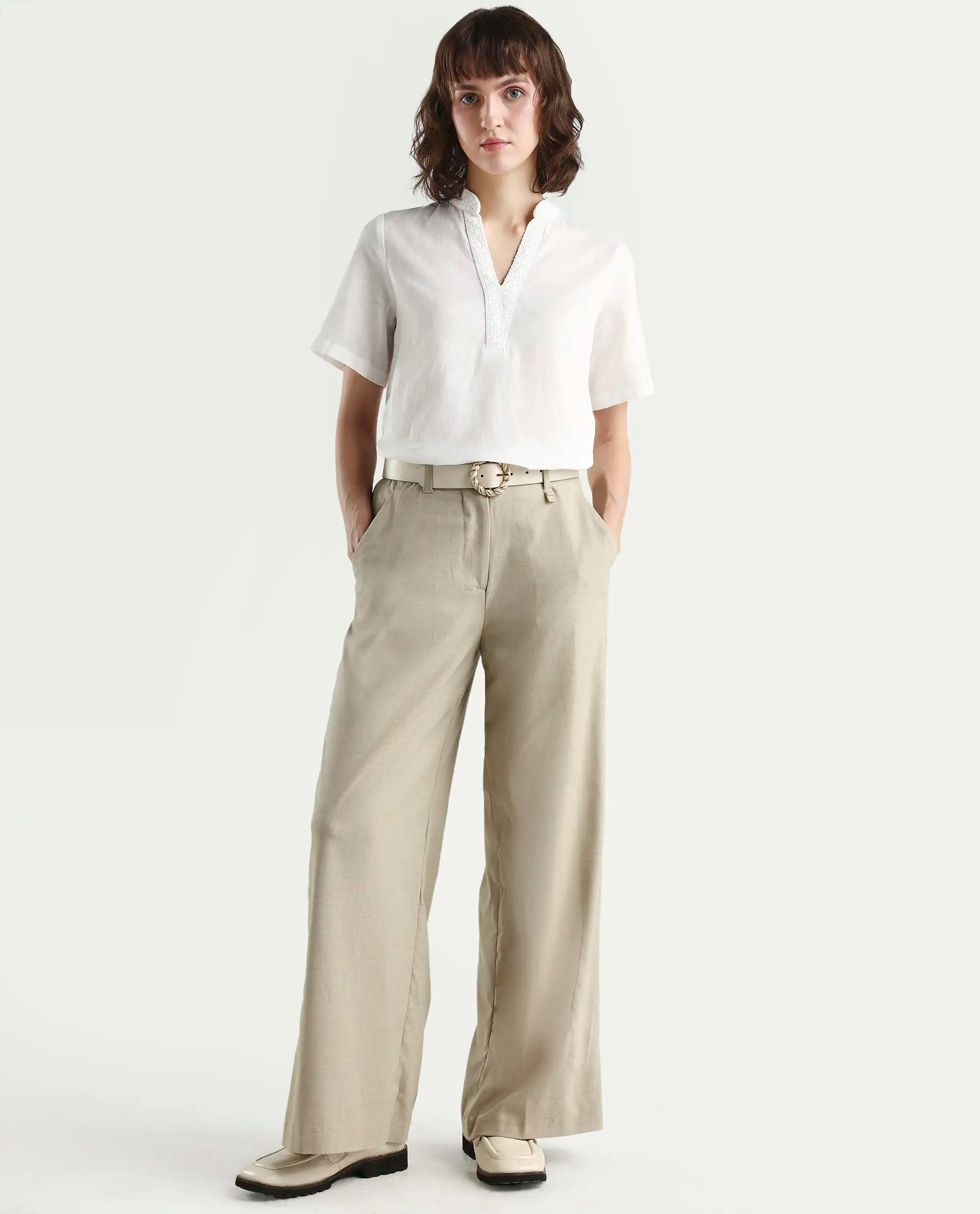 Rareism Women's Nubag Off White Cotton Blend Half Sleeve Mandarin Collar Regular Fit Top