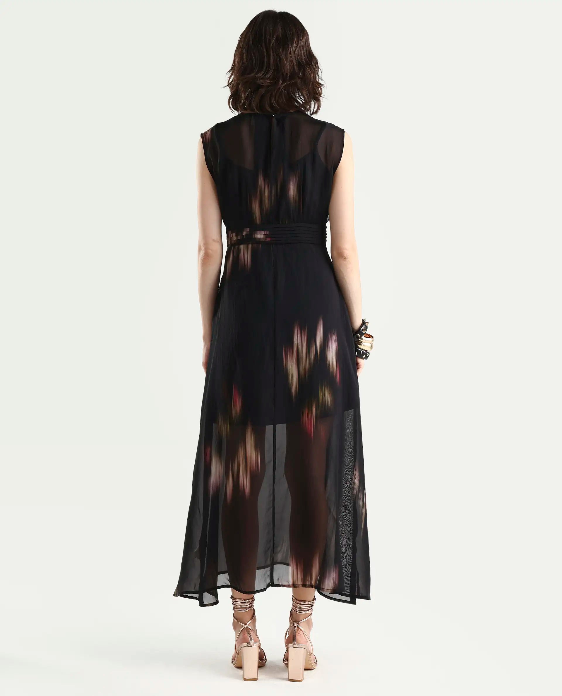 Rareism-Women's Jubin Black Viscose Printed Flared Dress