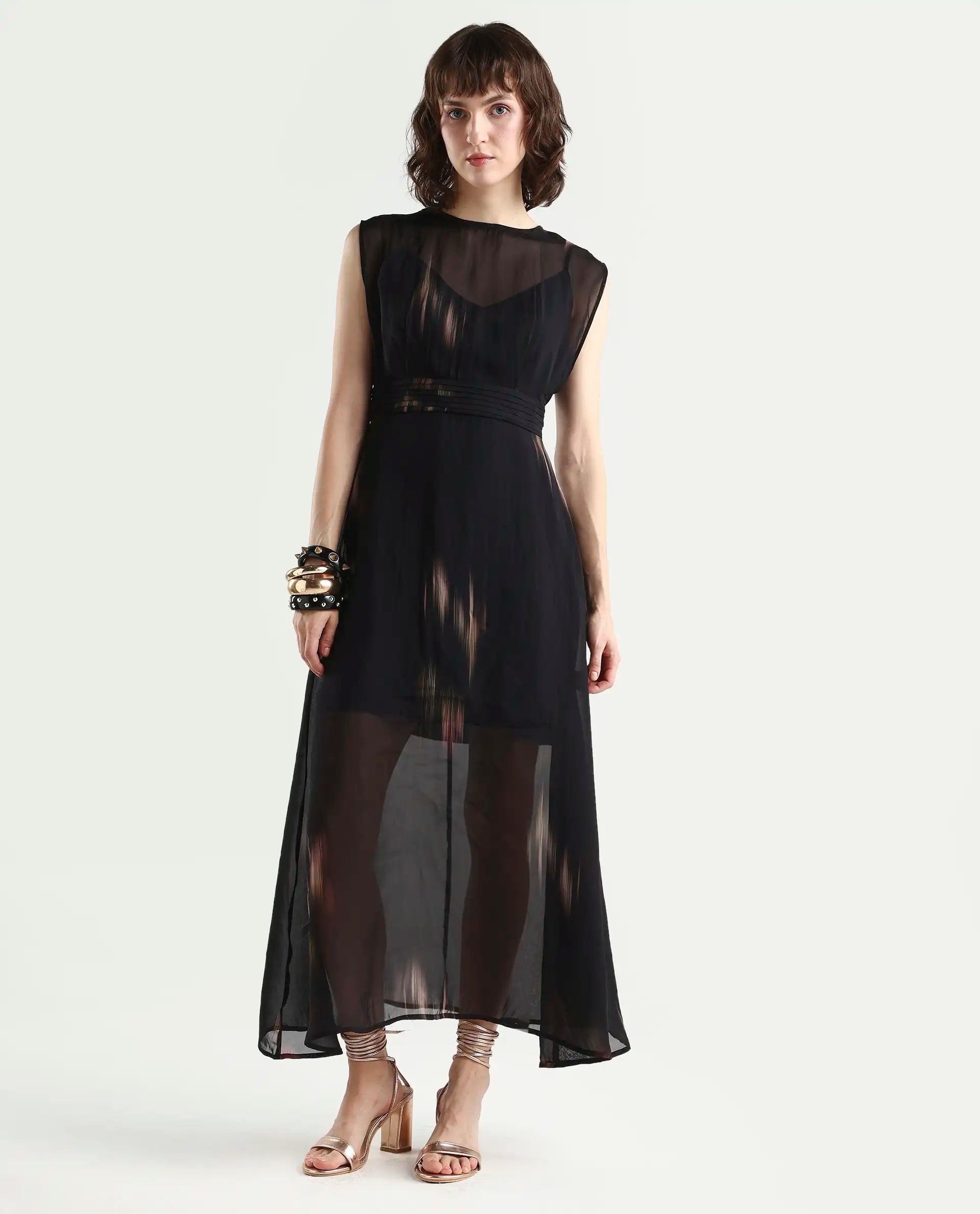 Rareism-Women's Jubin Black Viscose Printed Flared Dress