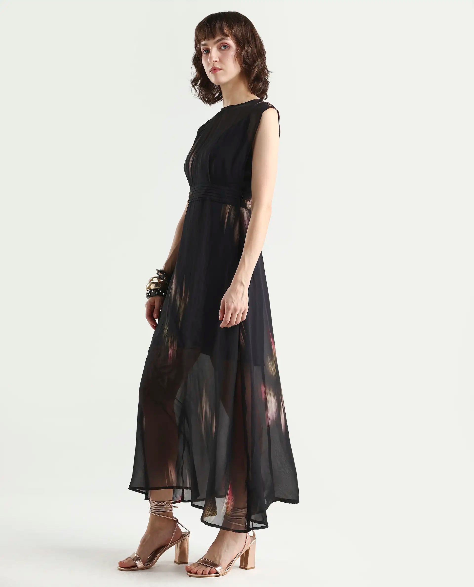 Rareism-Women's Jubin Black Viscose Printed Flared Dress
