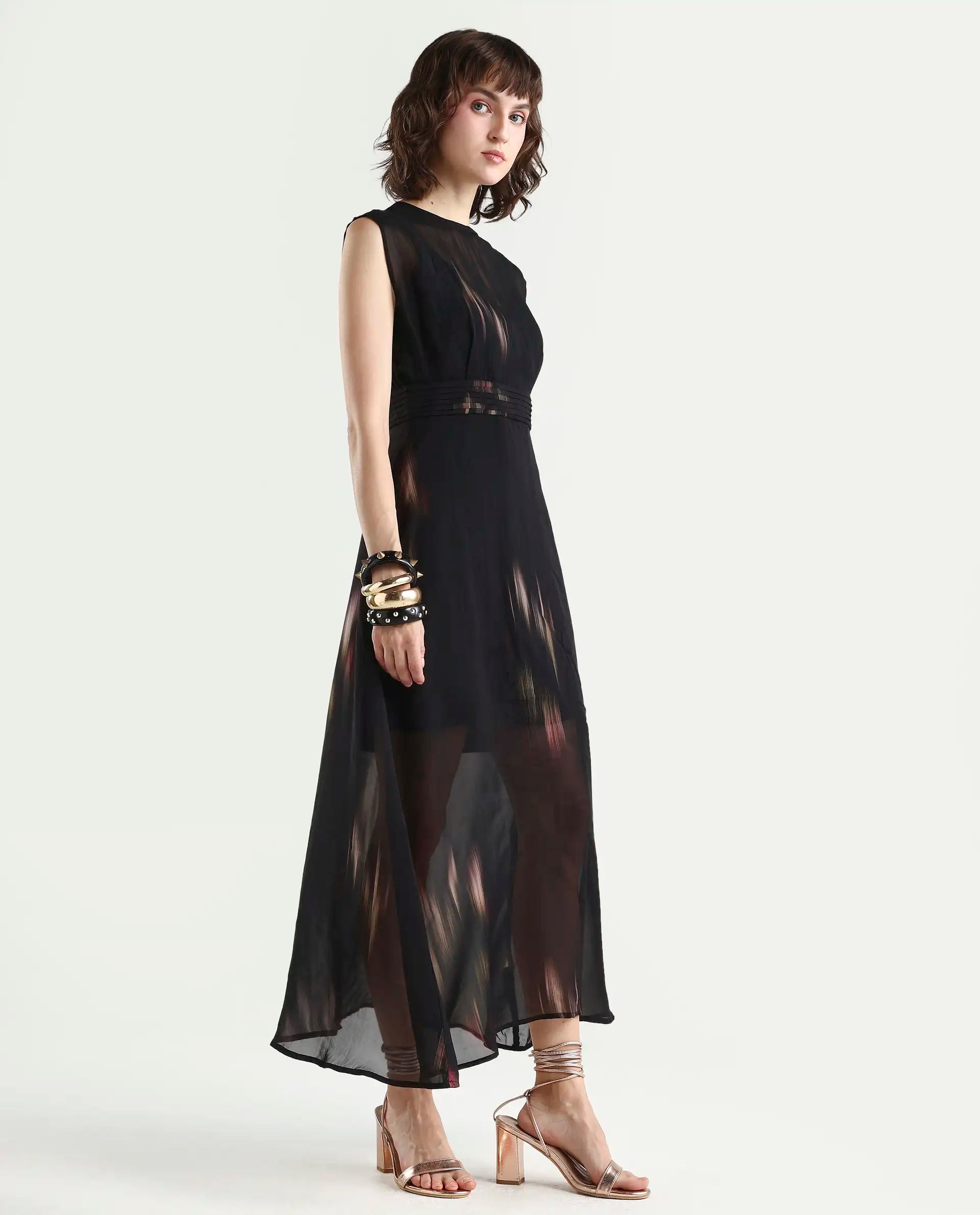 Rareism-Women's Jubin Black Viscose Printed Flared Dress
