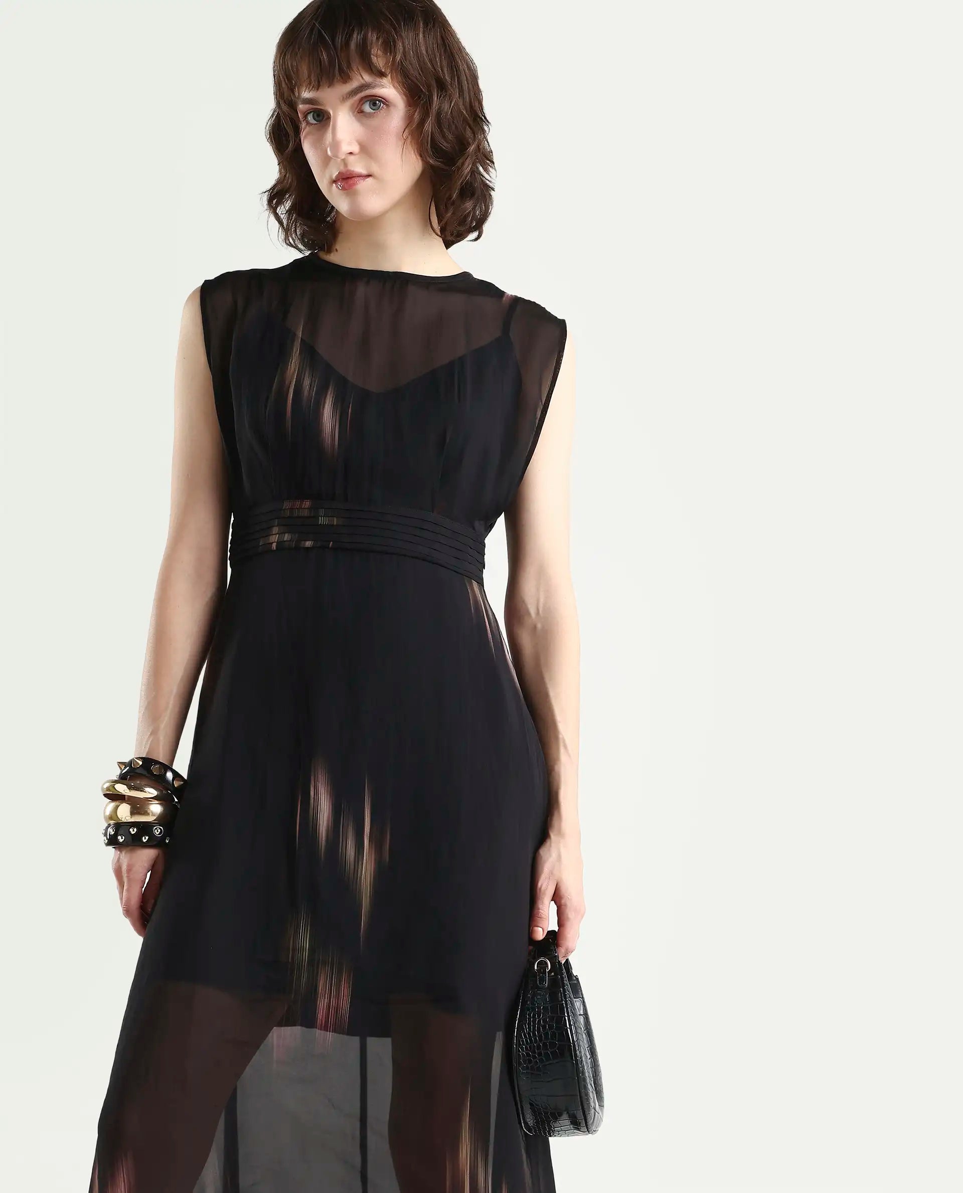 Rareism-Women's Jubin Black Viscose Printed Flared Dress