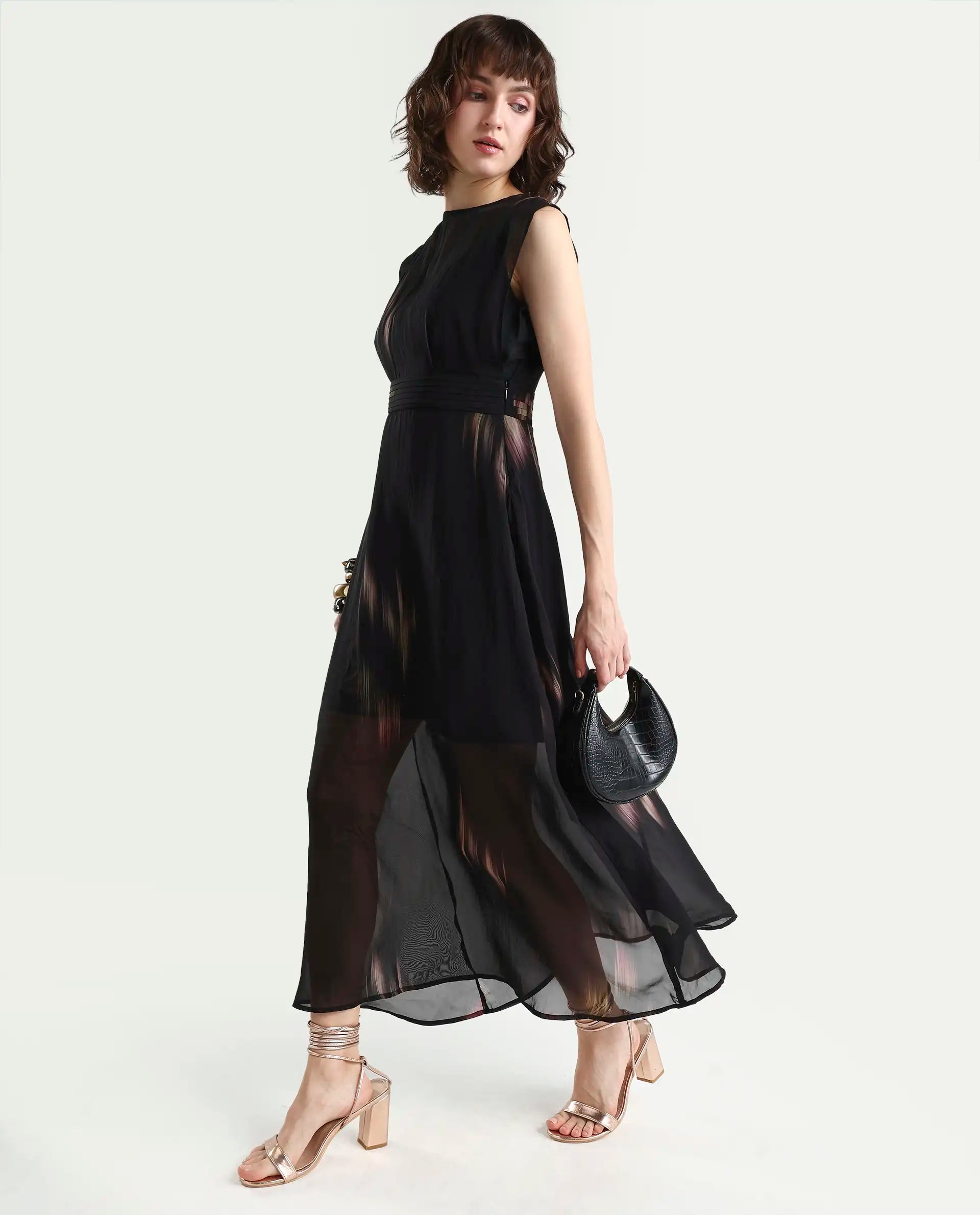 Rareism-Women's Jubin Black Viscose Printed Flared Dress