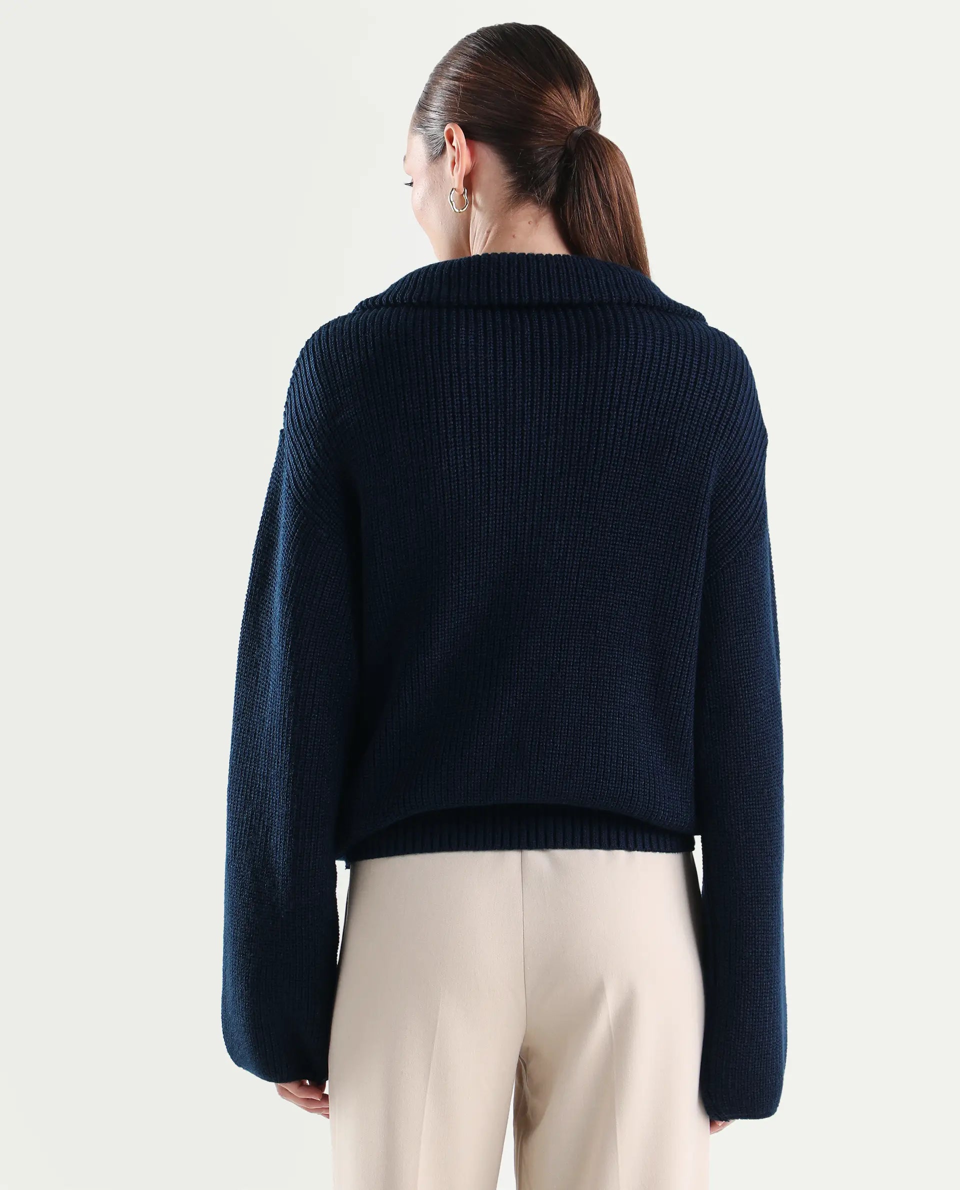 Rareism Women's Camillo Navy Acrylic High Neck Relaxed Fit Plain Sweater