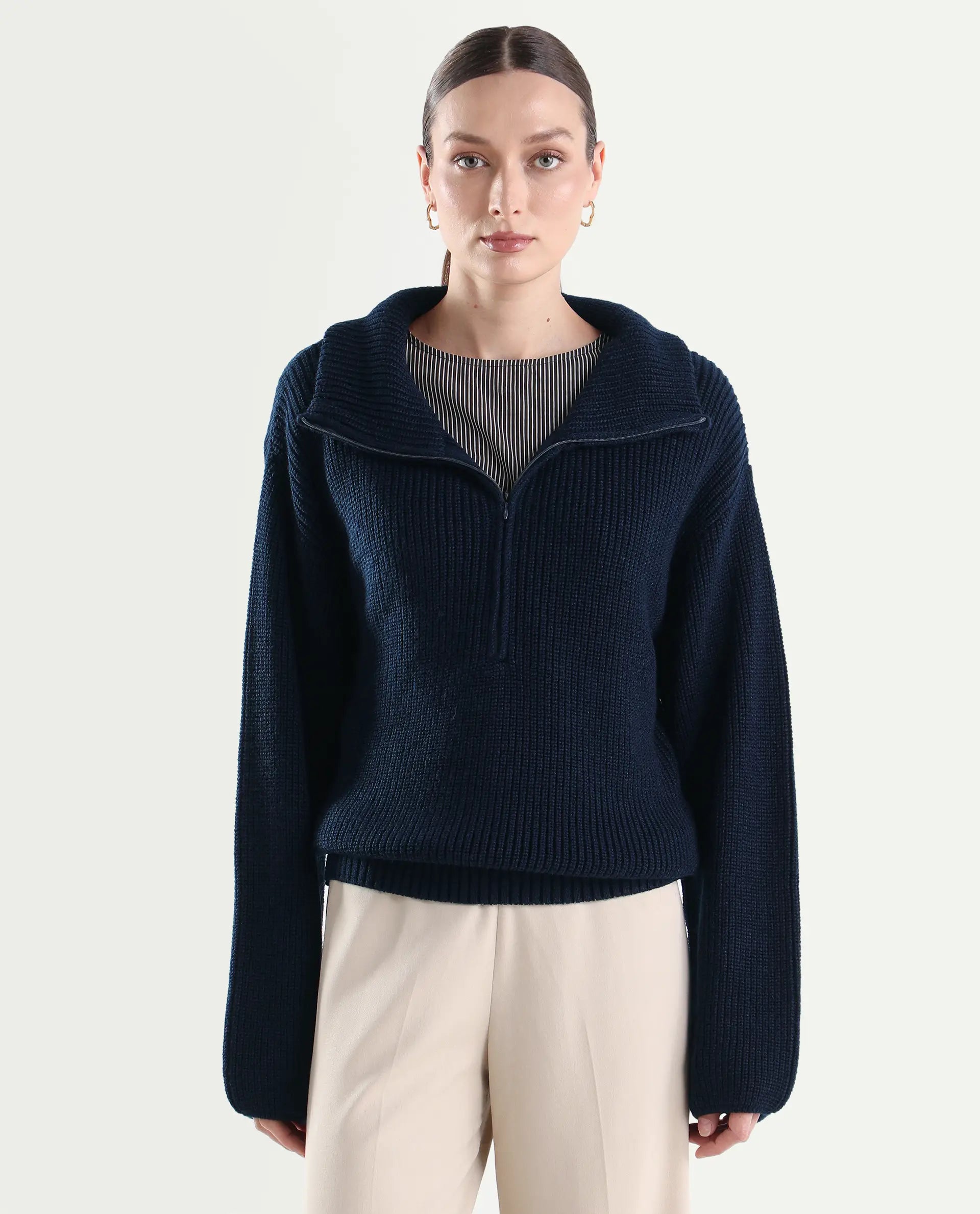 Rareism Women's Camillo Navy Acrylic High Neck Relaxed Fit Plain Sweater