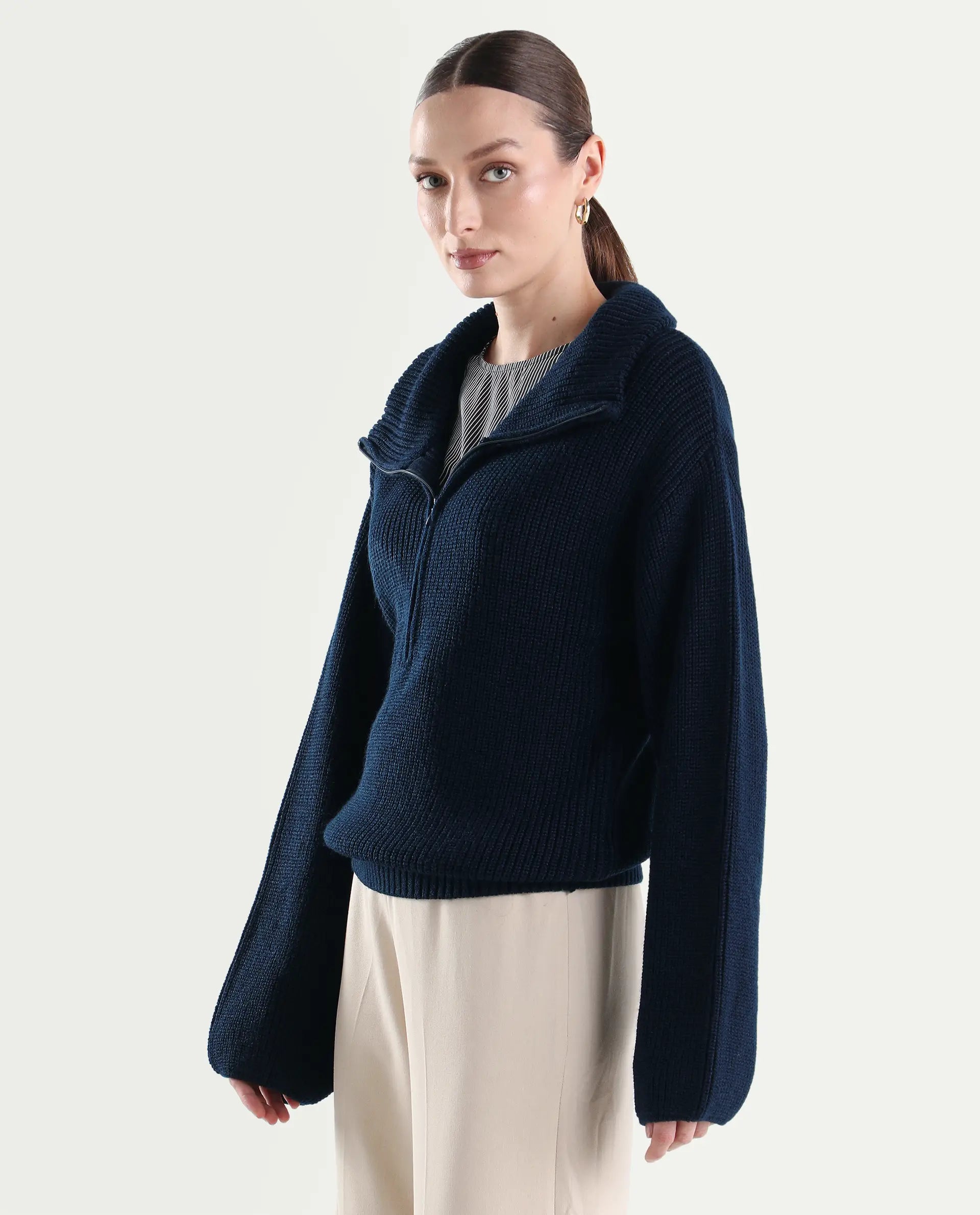 Rareism Women's Camillo Navy Acrylic High Neck Relaxed Fit Plain Sweater