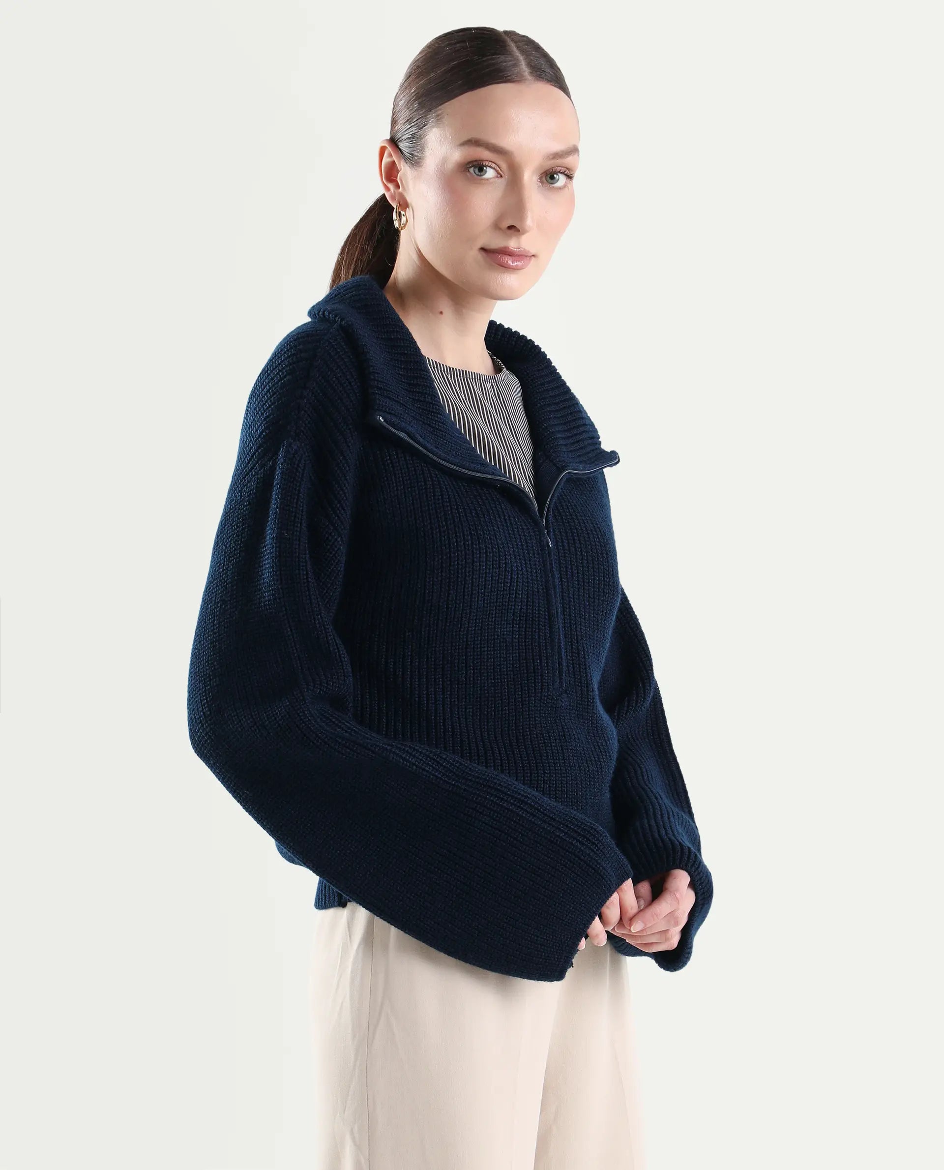 Rareism Women's Camillo Navy Acrylic High Neck Relaxed Fit Plain Sweater