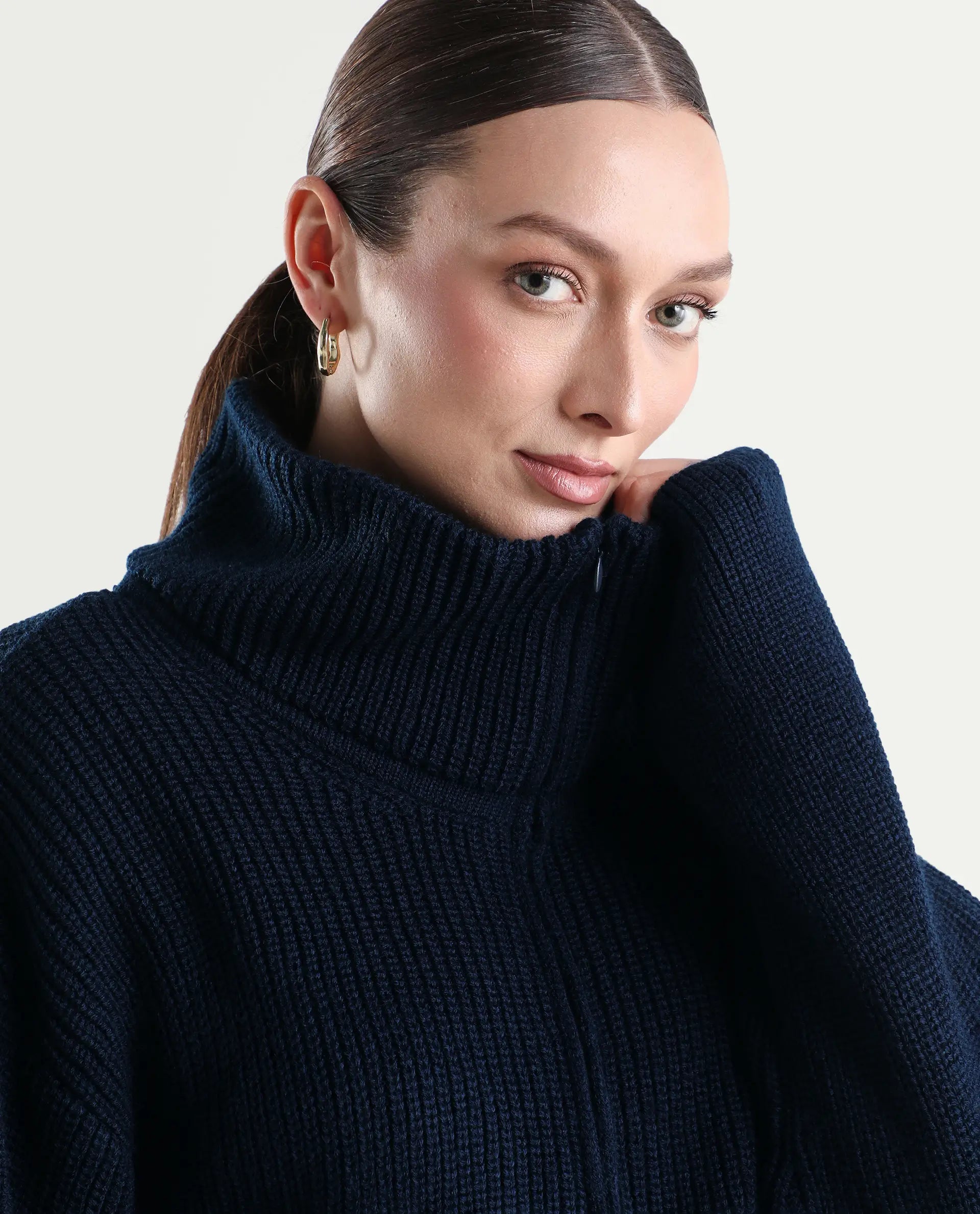 Rareism Women's Camillo Navy Acrylic High Neck Relaxed Fit Plain Sweater