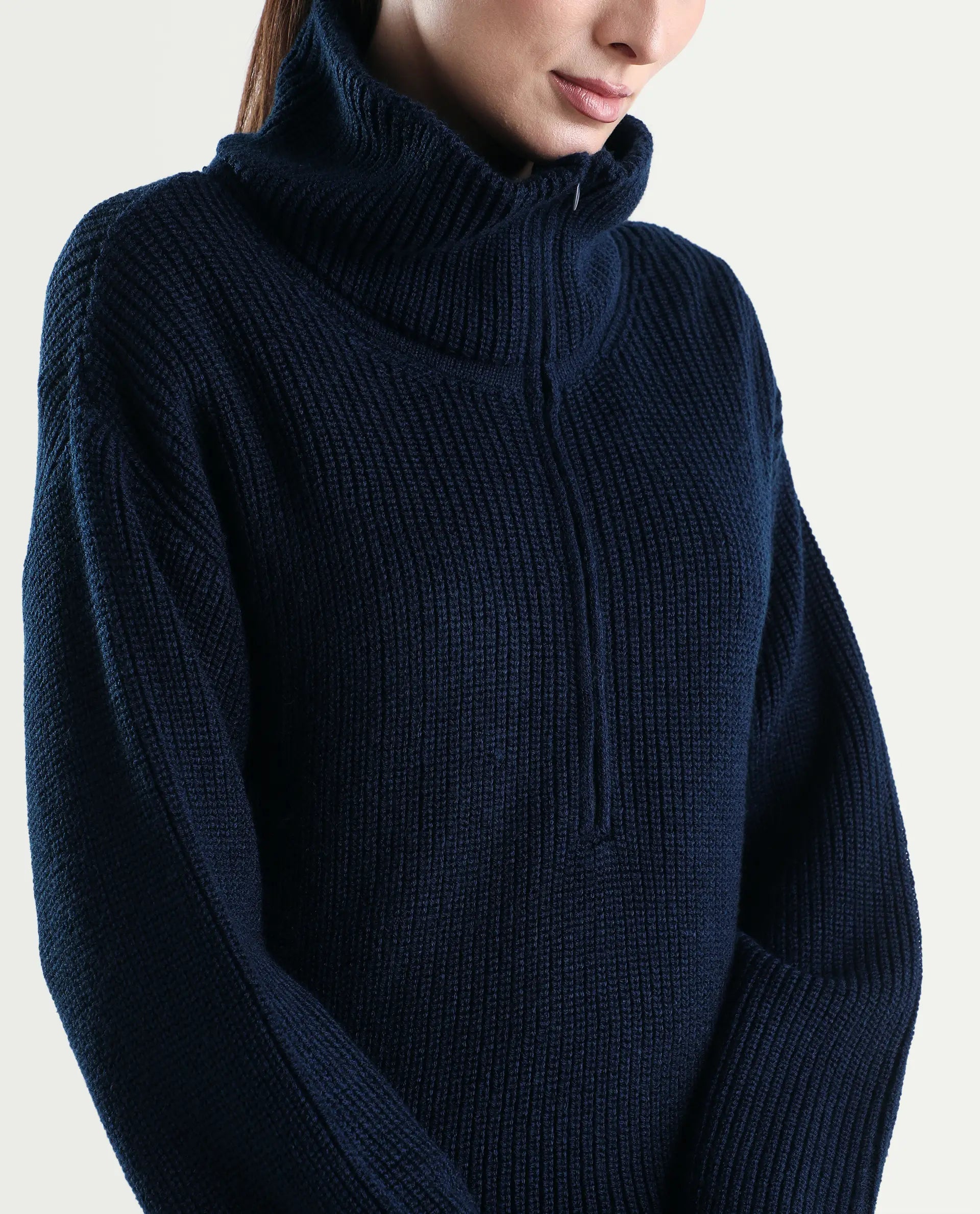 Rareism Women's Camillo Navy Acrylic High Neck Relaxed Fit Plain Sweater