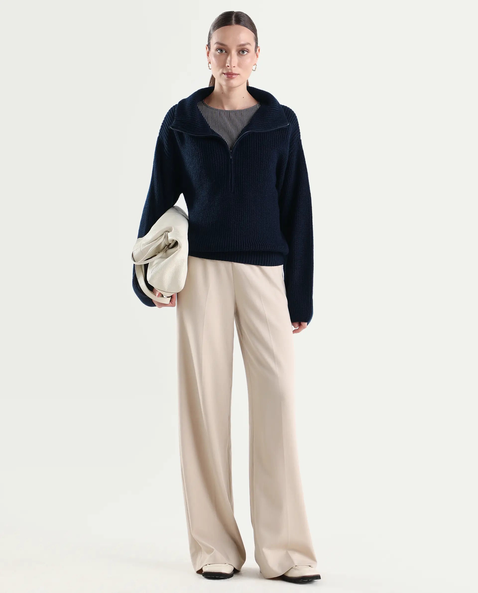 Rareism Women's Camillo Navy Acrylic High Neck Relaxed Fit Plain Sweater