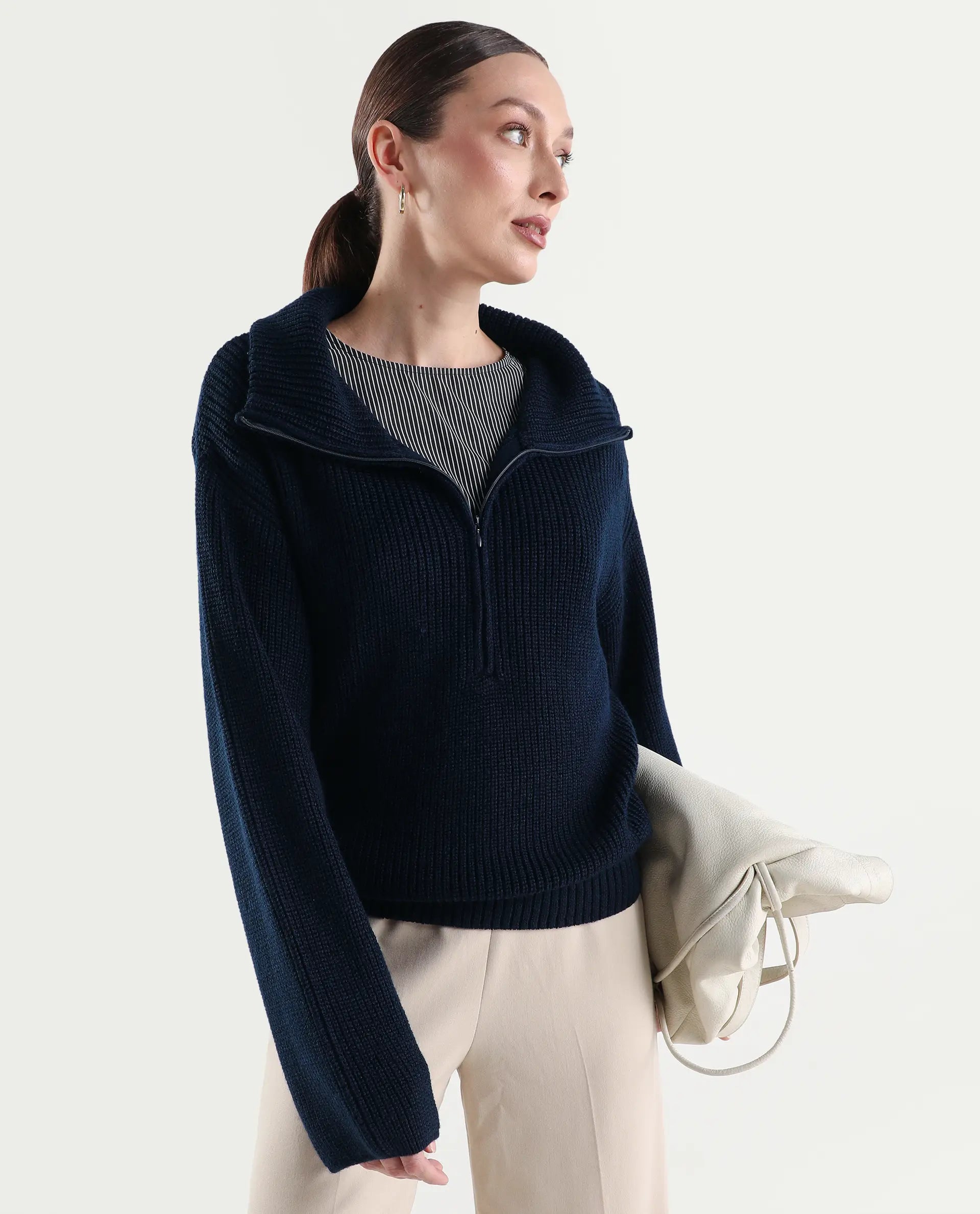 Rareism Women's Camillo Navy Acrylic High Neck Relaxed Fit Plain Sweater