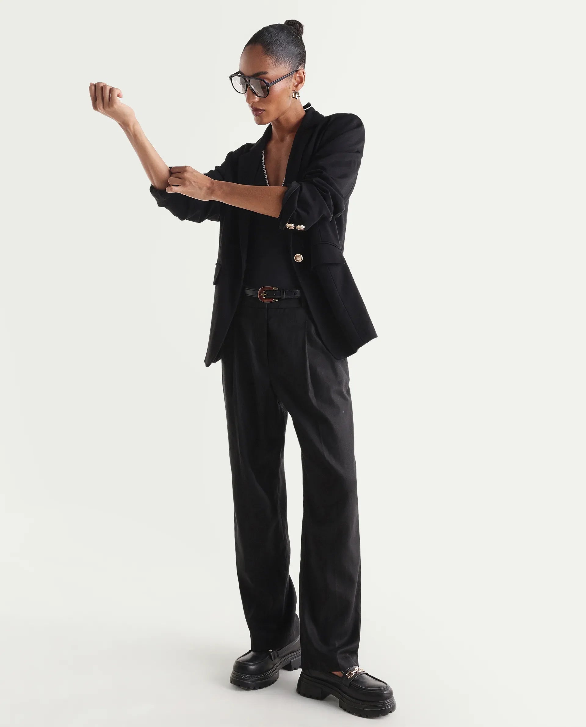 Rareism Women's Linzy-B Black 100% Linen Straight Plain Trouser