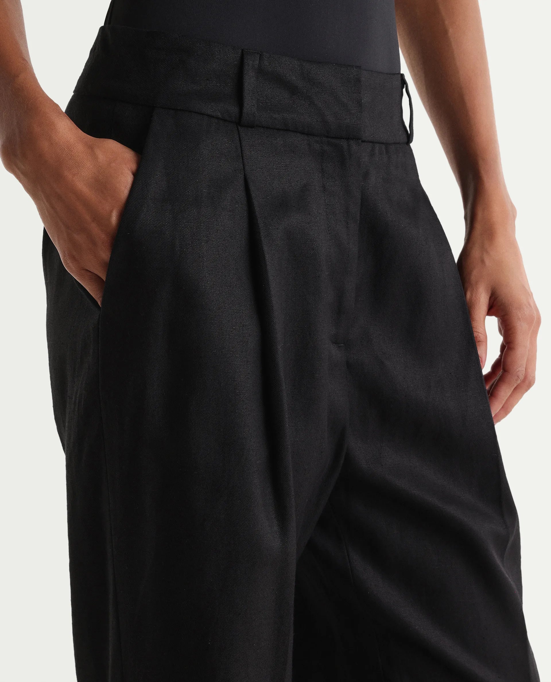 Rareism Women's Linzy-B Black 100% Linen Straight Plain Trouser