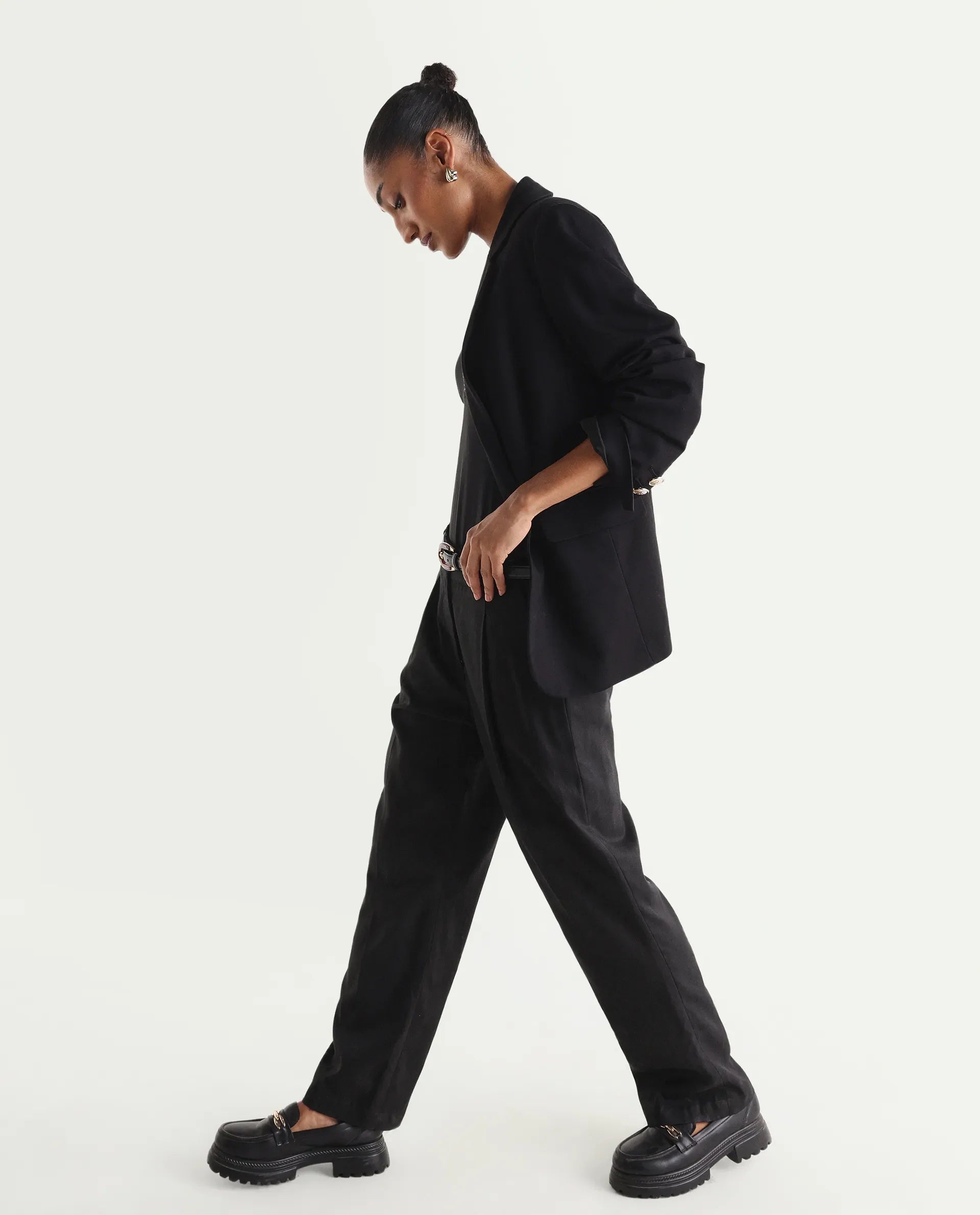 Rareism Women's Linzy-B Black 100% Linen Straight Plain Trouser