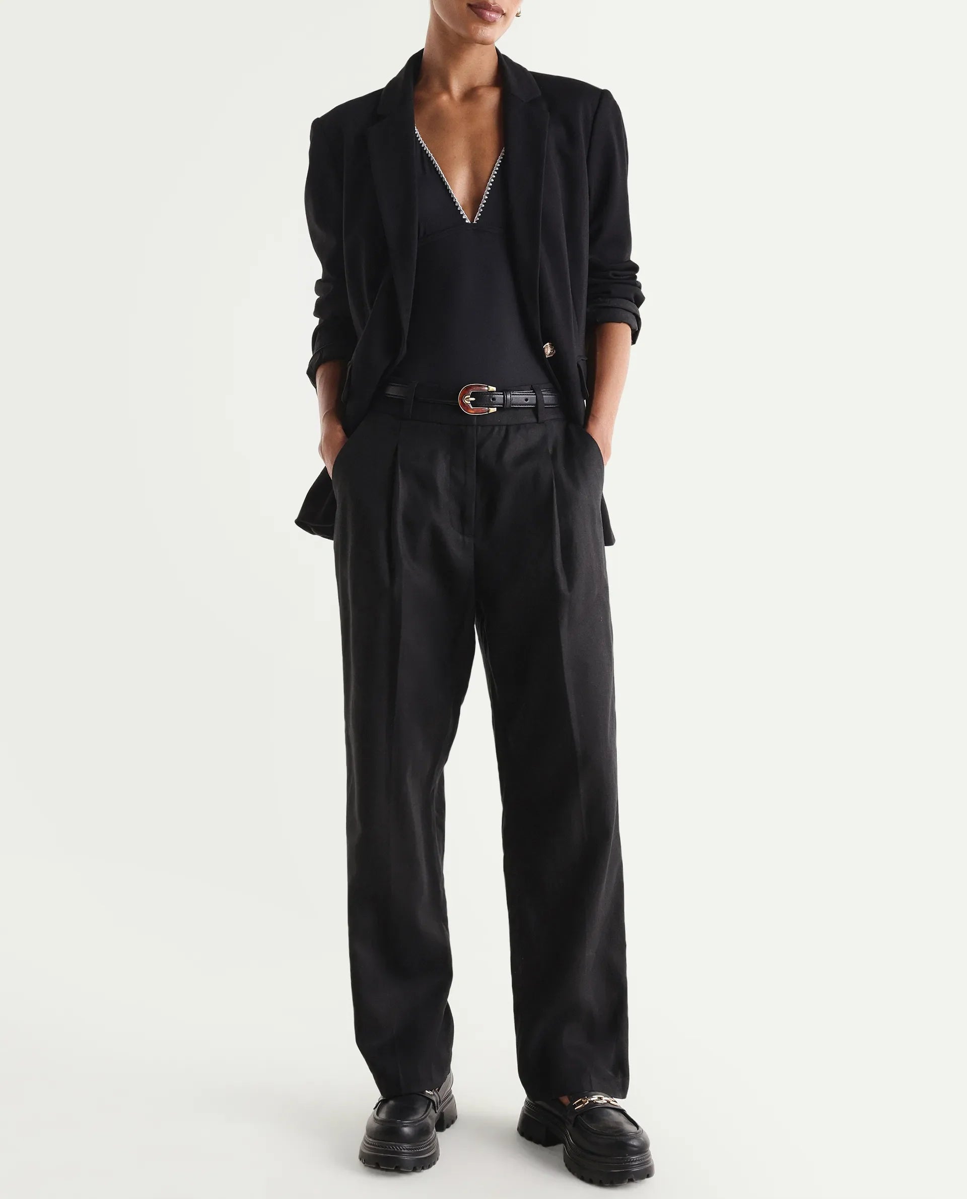 Rareism Women's Linzy-B Black 100% Linen Straight Plain Trouser