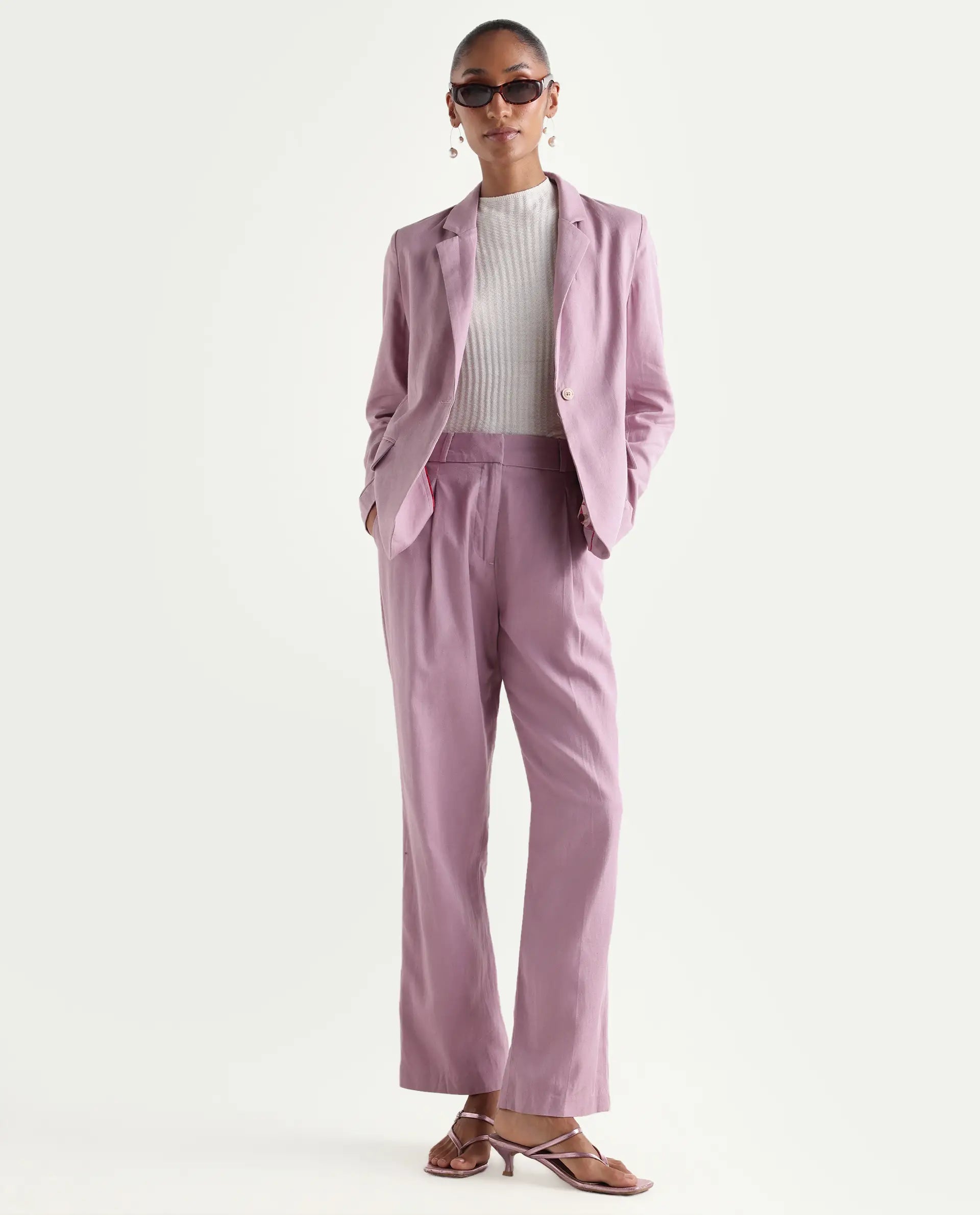 Rareism Women's Linzy-B Dusky Pink 100% Linen Straight Plain Trouser