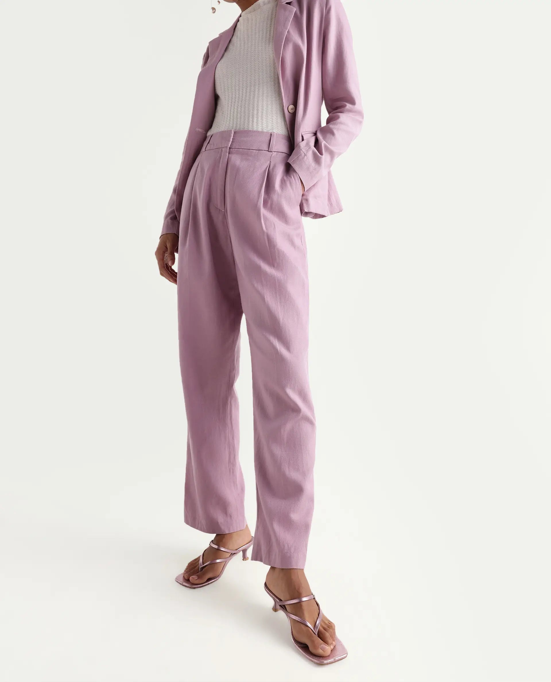Rareism Women's Linzy-B Dusky Pink 100% Linen Straight Plain Trouser
