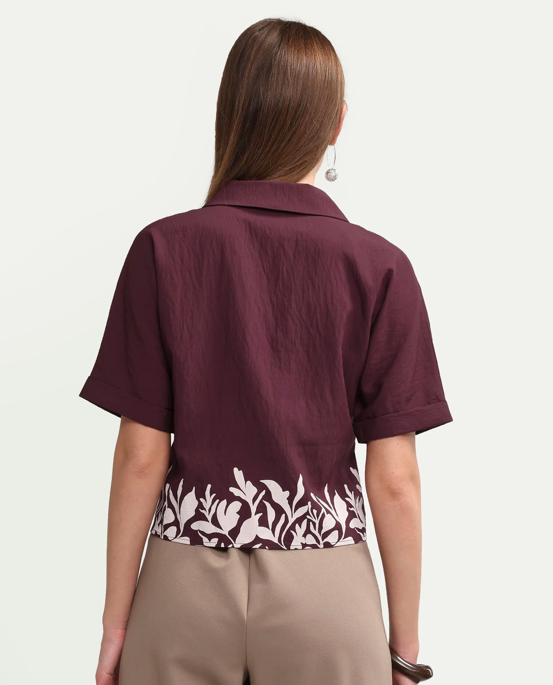 Rareism Women's Marlap Maroon Viscose Blend Half Sleeve Lapel Neck Regular Fit Abstract Print Top