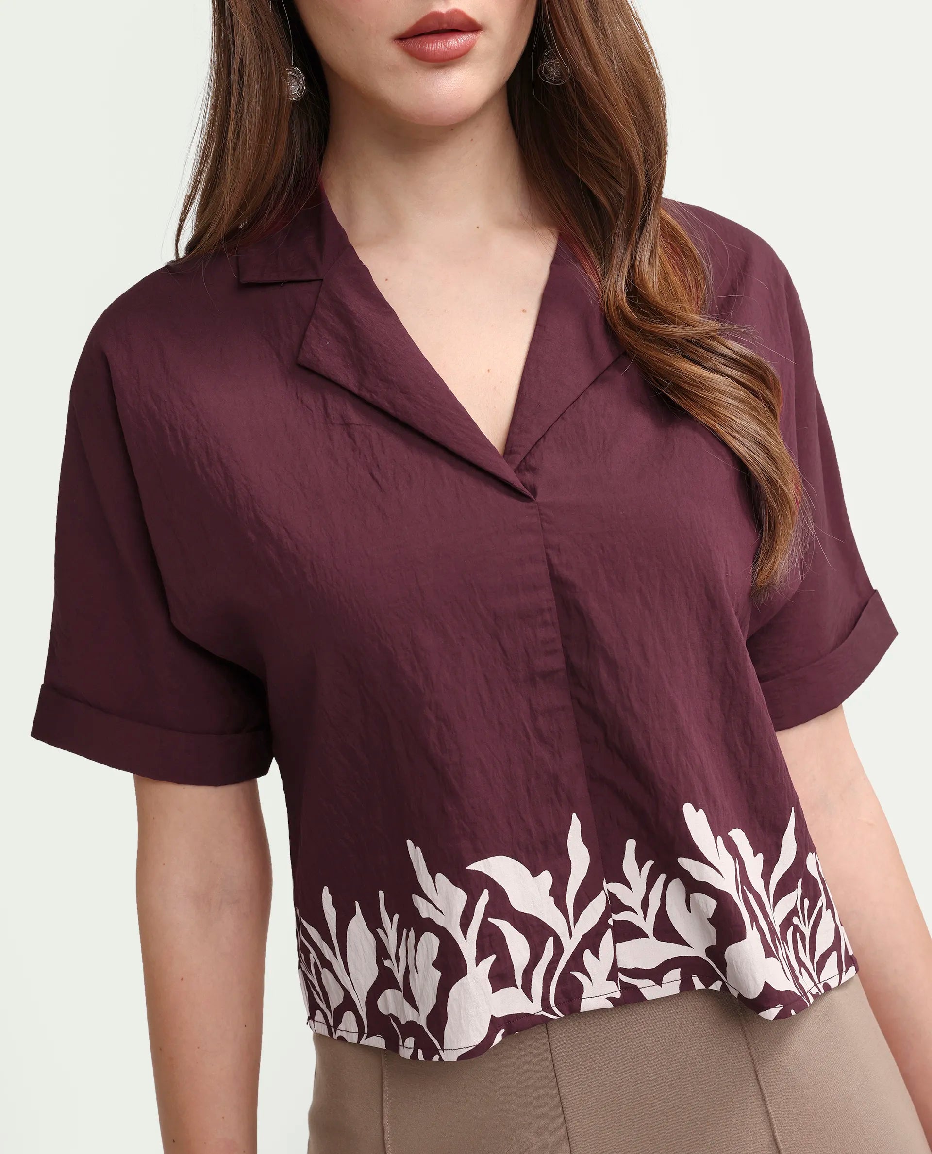 Rareism Women's Marlap Maroon Viscose Blend Half Sleeve Lapel Neck Regular Fit Abstract Print Top
