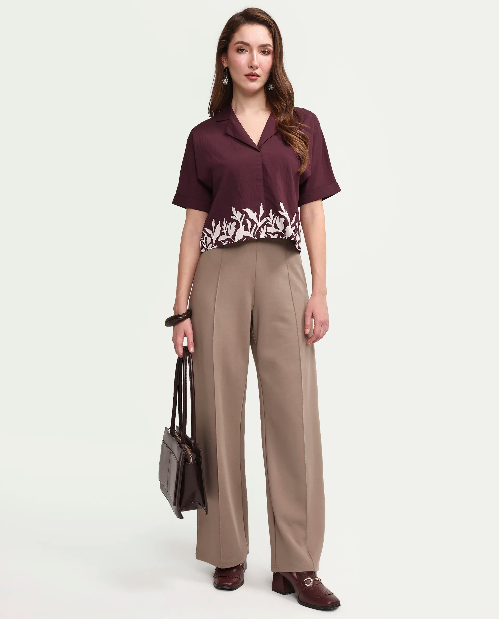 Rareism Women's Marlap Maroon Viscose Blend Half Sleeve Lapel Neck Regular Fit Abstract Print Top