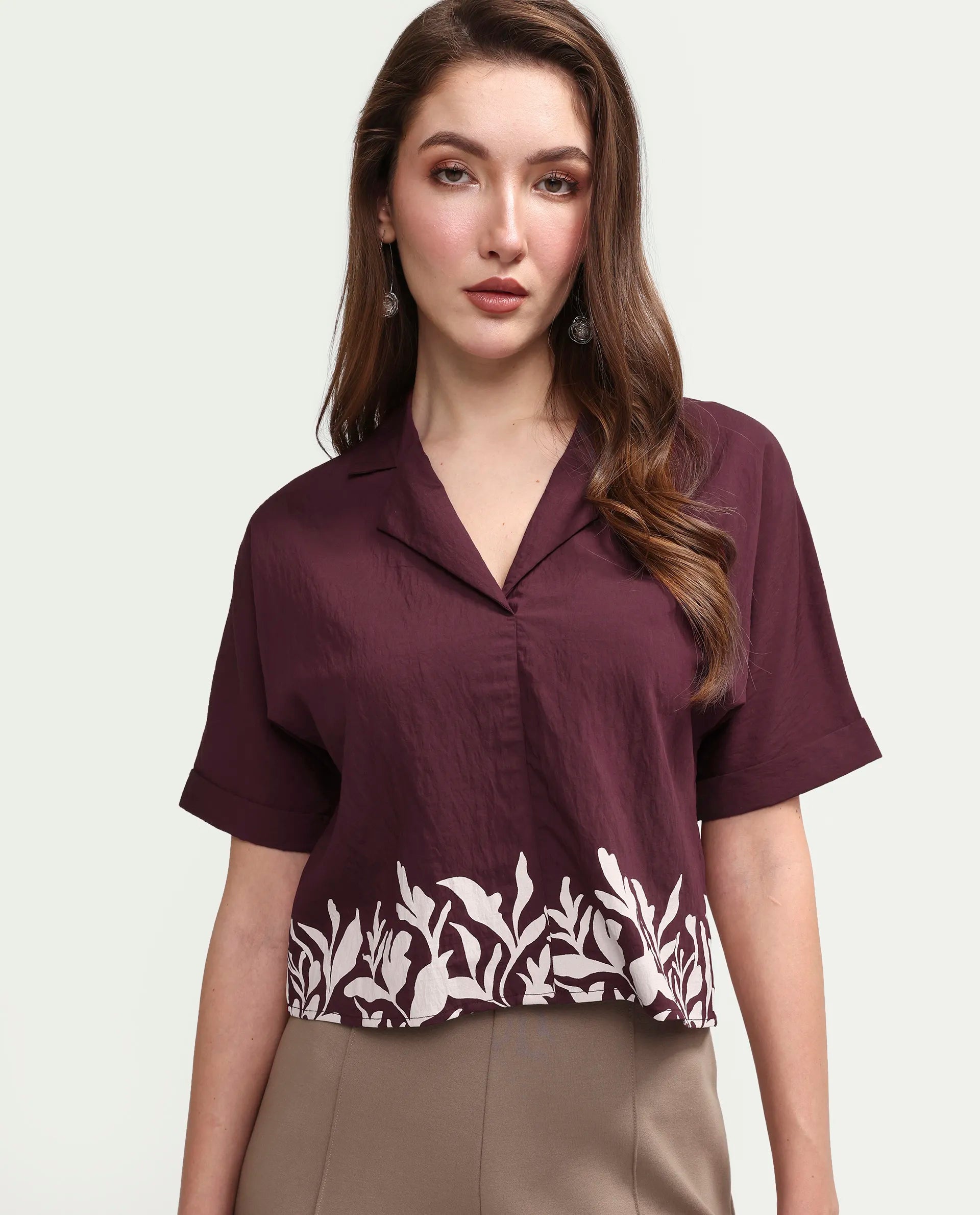 Rareism Women's Marlap Maroon Viscose Blend Half Sleeve Lapel Neck Regular Fit Abstract Print Top