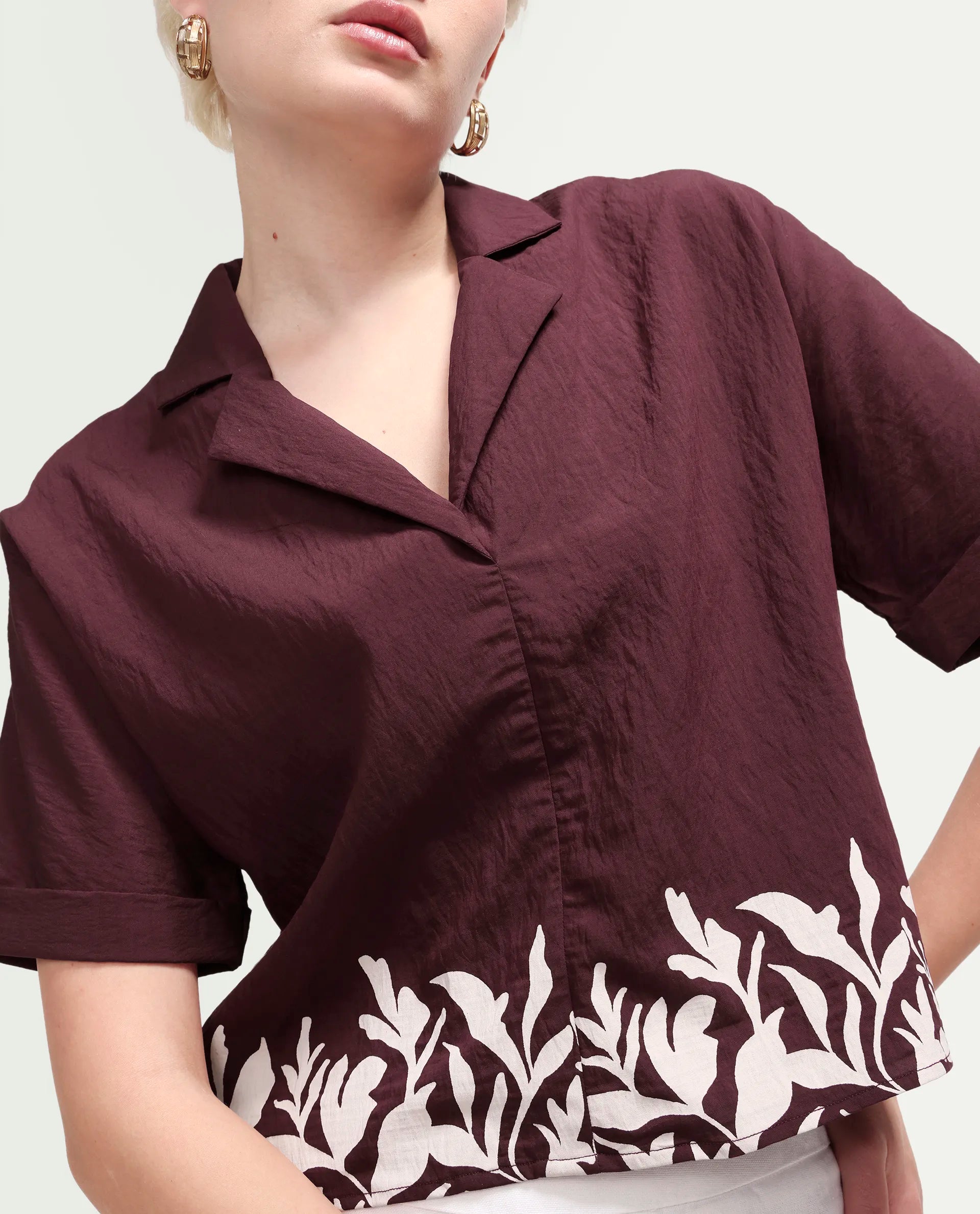Rareism Women's Marlap Maroon Nylon Blend Half Sleeve Lapel Neck Regular Fit Abstract Print Top